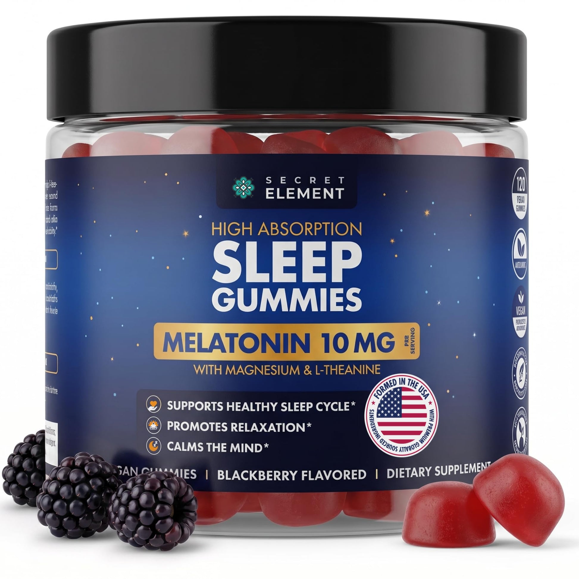Secret Element Sleep Gummies – Nighttime Relaxation & Sleep Cycle Support with Melatonin 10 mg, Magnesium & L-Theanine – Vegan, Sugar Free, Non-GMO – BlackBerry, 120 Gummies