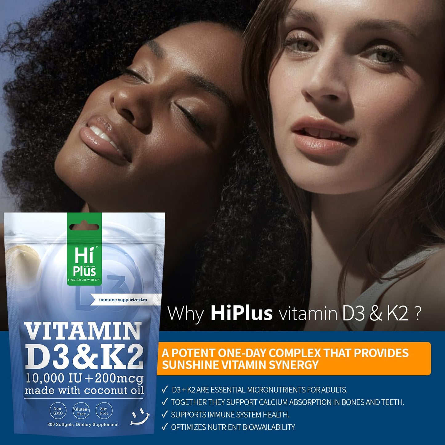 HiPlus Vitamin D3 10,000 IU + K2 200 mcg Capsule 300 Count