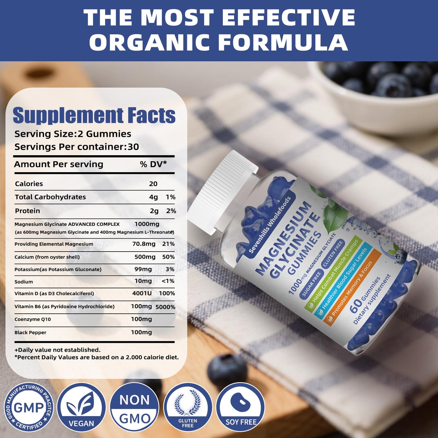 Sevenhills Wholefoods Magnesium Glycinate Gummies 1000mg, 60 Count