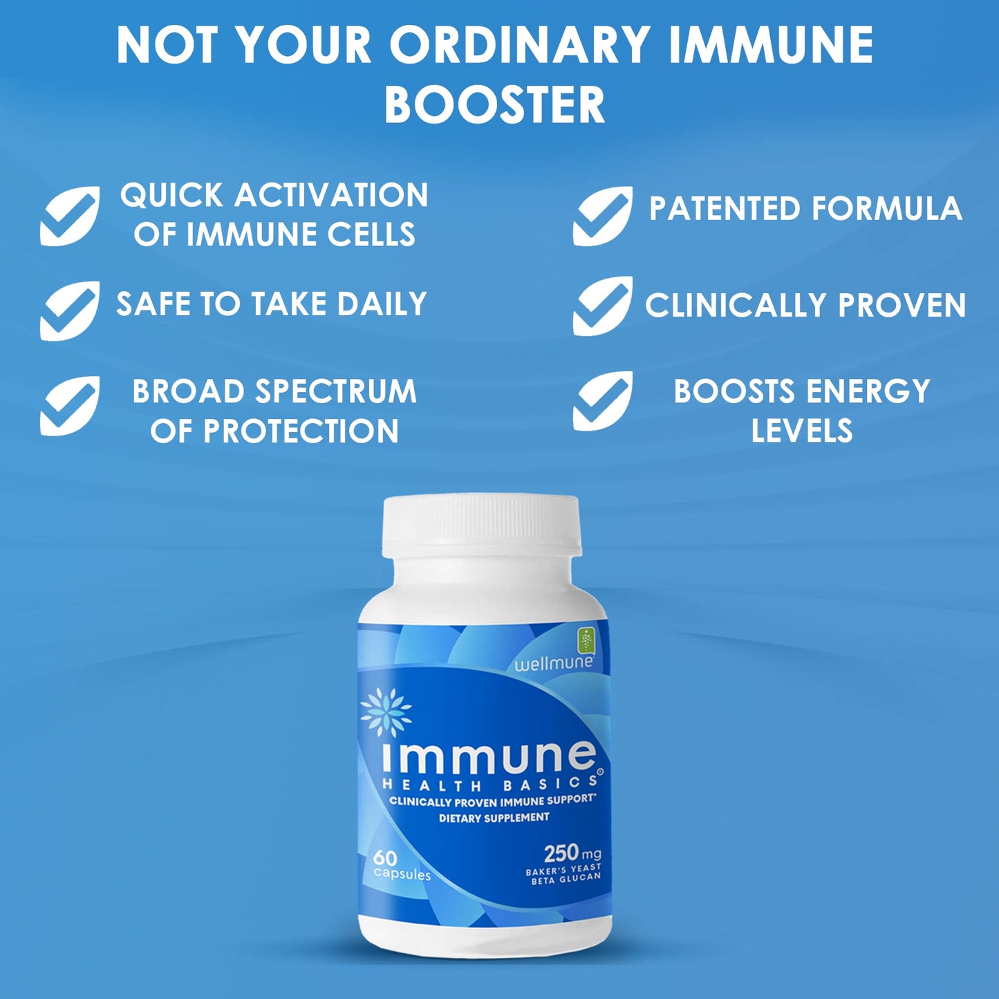 Immune Health Basics Ultra Strength Immunity - Clinically Proven Immunity Support - Wellmune Highly Purified Beta Glucan - Gluten-Free, Non-allergenic, Non-GMO and Vegan Capsules, 60 Capsules