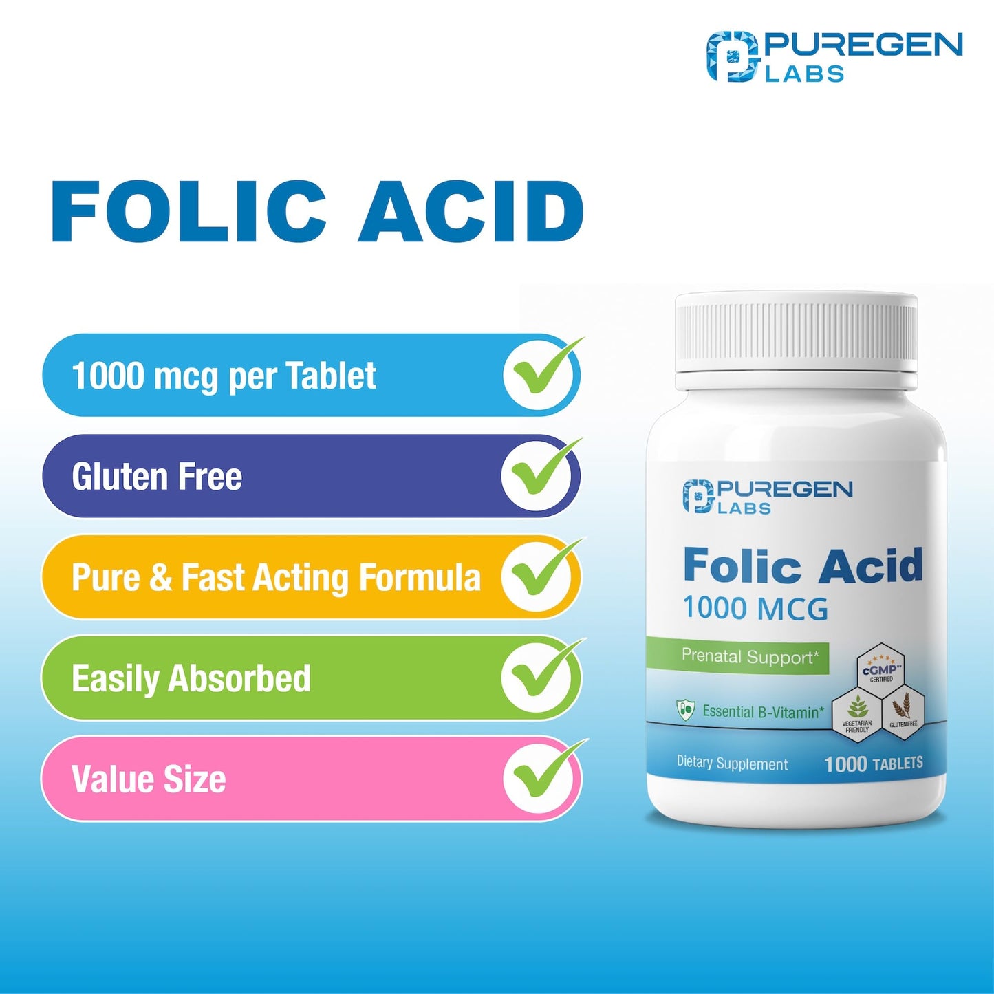 P Puregen Labs Folic Acid 1000 mcg Tablets 1000 Tablets