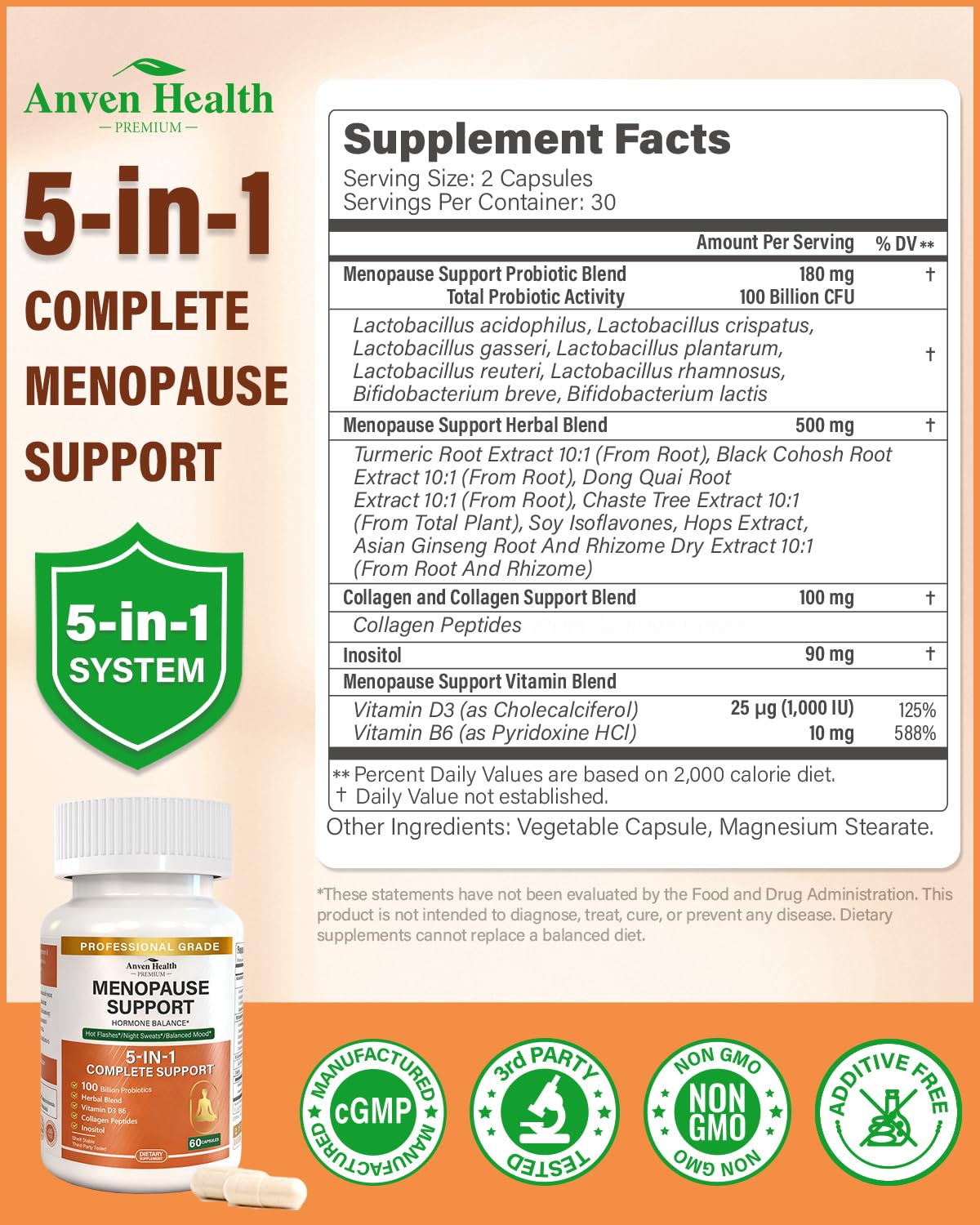 Anven Health Menopause Relief Supplements for Women 100 Billion CFU, 120 Capsules