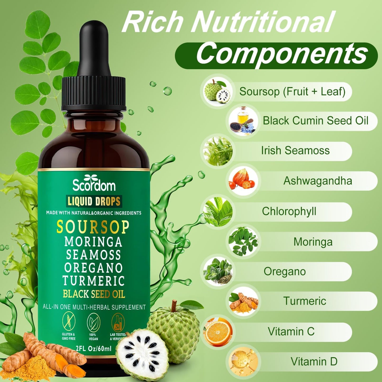 SCORDOM Soursop Bitters 10-in-1 with Sea Moss, Turmeric, Moringa, Black Seed Oil, Oregano, Ashwagandha & Herbal Extracts Capsule 1 Count