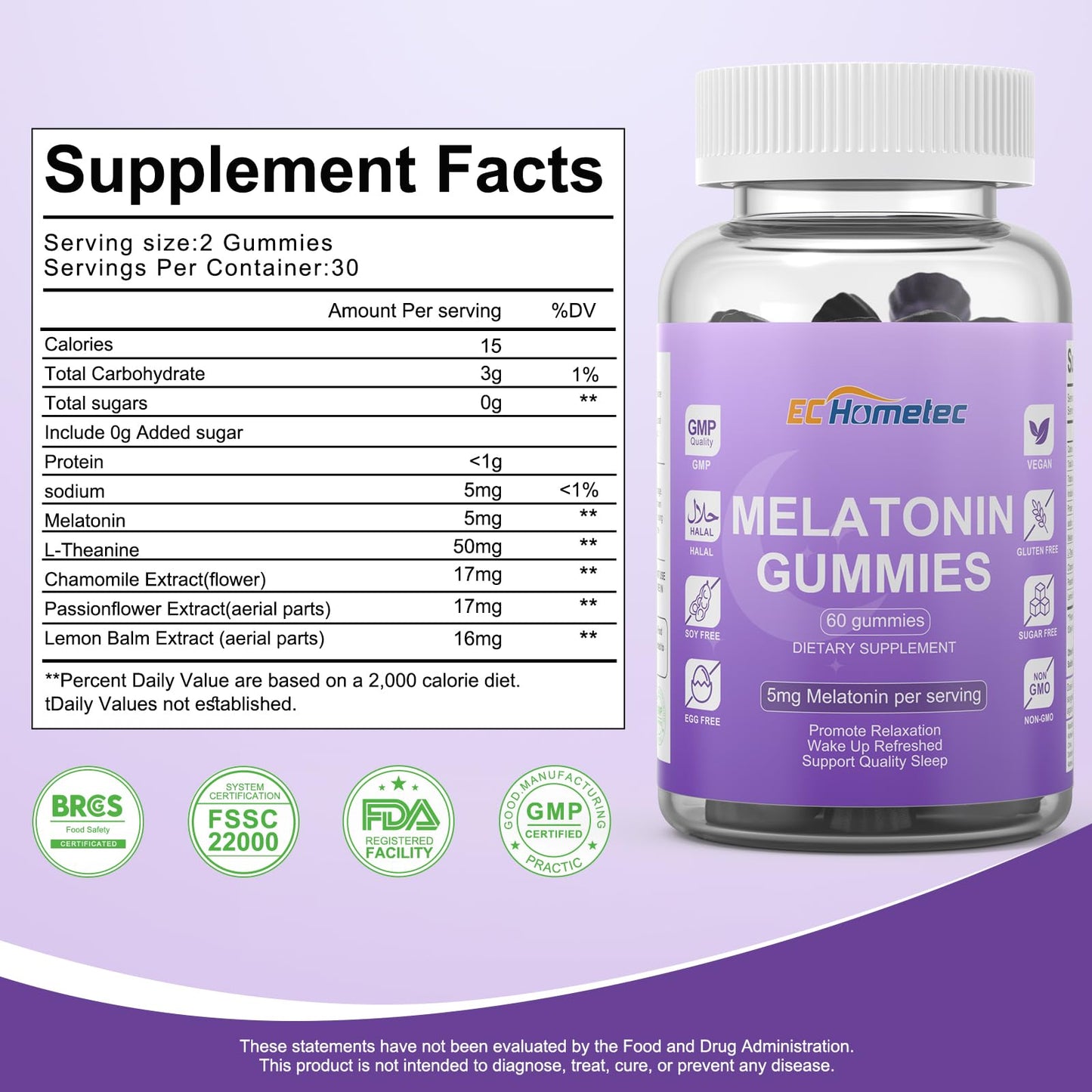 EC Hometec Melatonin Gummies 5mg Sugar-Free Sleep Support for Adults Mulberry Flavor, 60 Count