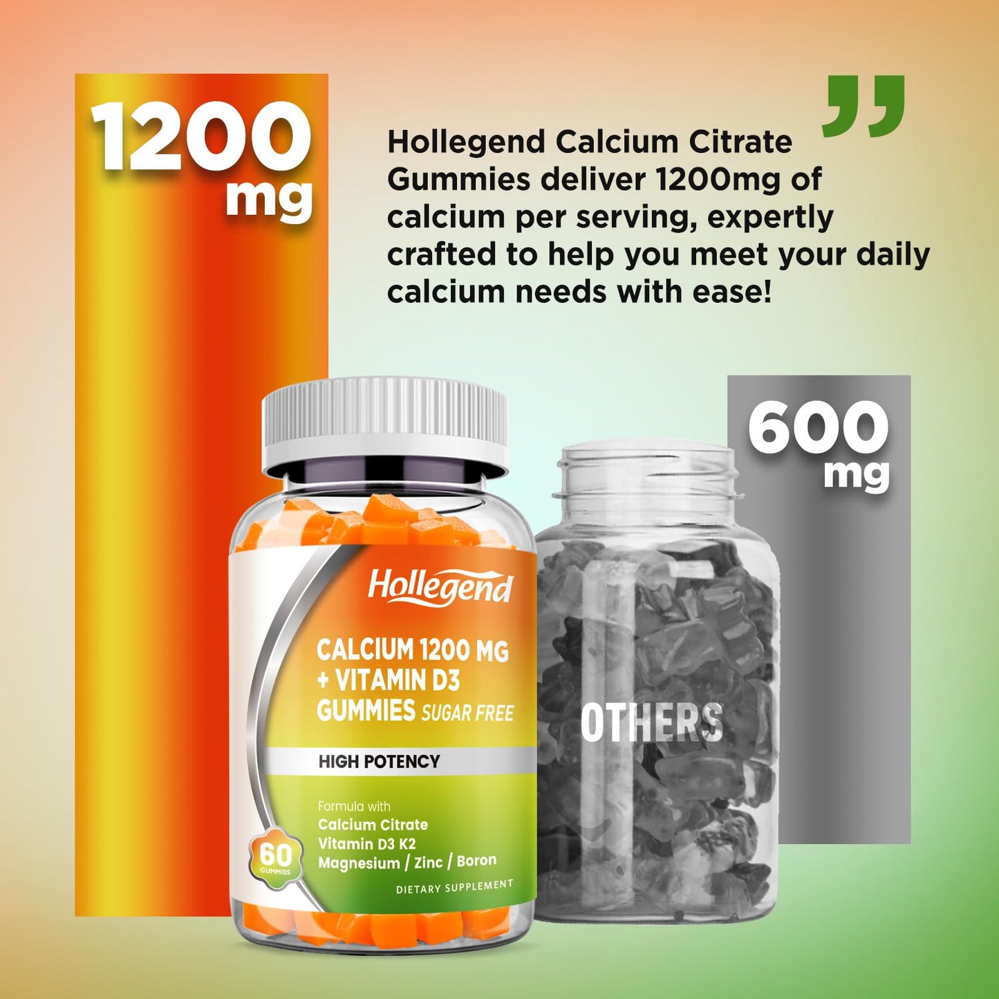 HOLLEGEND Calcium 1200 mg with Vitamin D3 Gummies, 60 Count