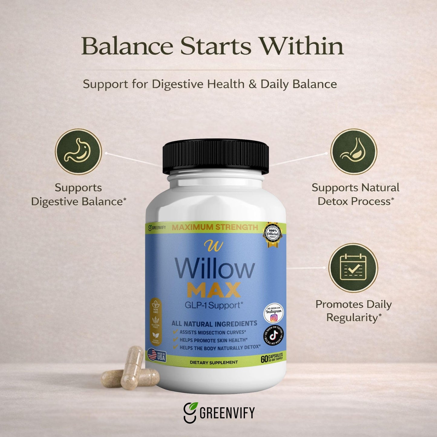 GREENVIFY Willow MAX GLP-1 Support Dietary Supplement, 60 Capsules
