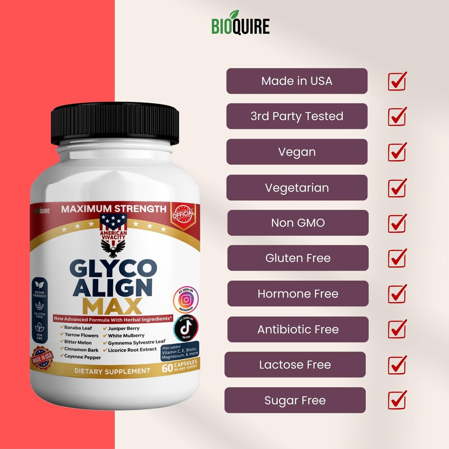 BIOQUIRE Glyco Align Max Maximum Strength Blood Sugar Support Supplement, Capsule, 60 Count