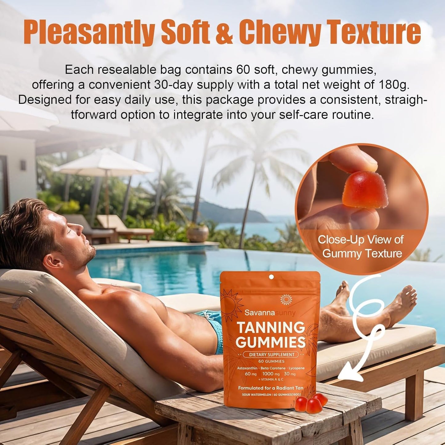 CORTISOL DRINK Tanning Gummies for Women, Skin Radiance & Hydration for Natural Looking Glow, Bronzing, with Vitamin C & E, Astaxanthin, Beta Carotene, Vegan & Sugar Free, Non-GMO, 60 Count