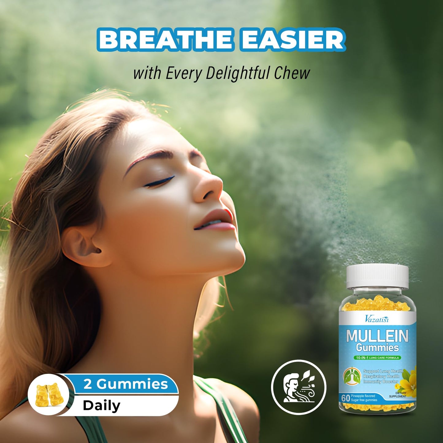 Vazatisi 10 in 1 Mullein Gummies for Lungs, Mullein Leaf Extract with Bromelain, Quercetin, Magnesium - Support Lung Cleanse for Healthy Breathing, 60 Gummies