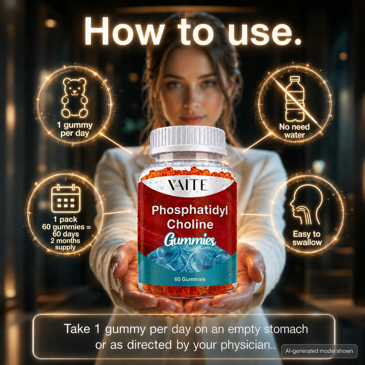 VAITE Phosphatidylcholine Gummies 600 mg Sunflower Lecithin 5-in-1 Choline Complex with Alpha GPC 150 mg, Phosphatidylserine 100 mg, Inositol 100 mg & Choline Bitartrate 50 mg for Daily Focus, 60 Gummies