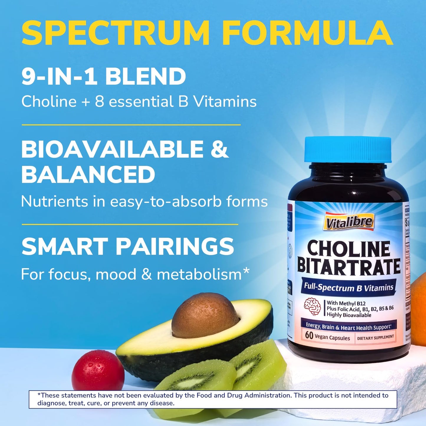 Vitalibre Choline Bitartrate 300mg with Folate, Methyl B12, Niacinamide, Non-GMO Bioavailable Complex, Energy, Brain, Liver Support, 60 Capsules