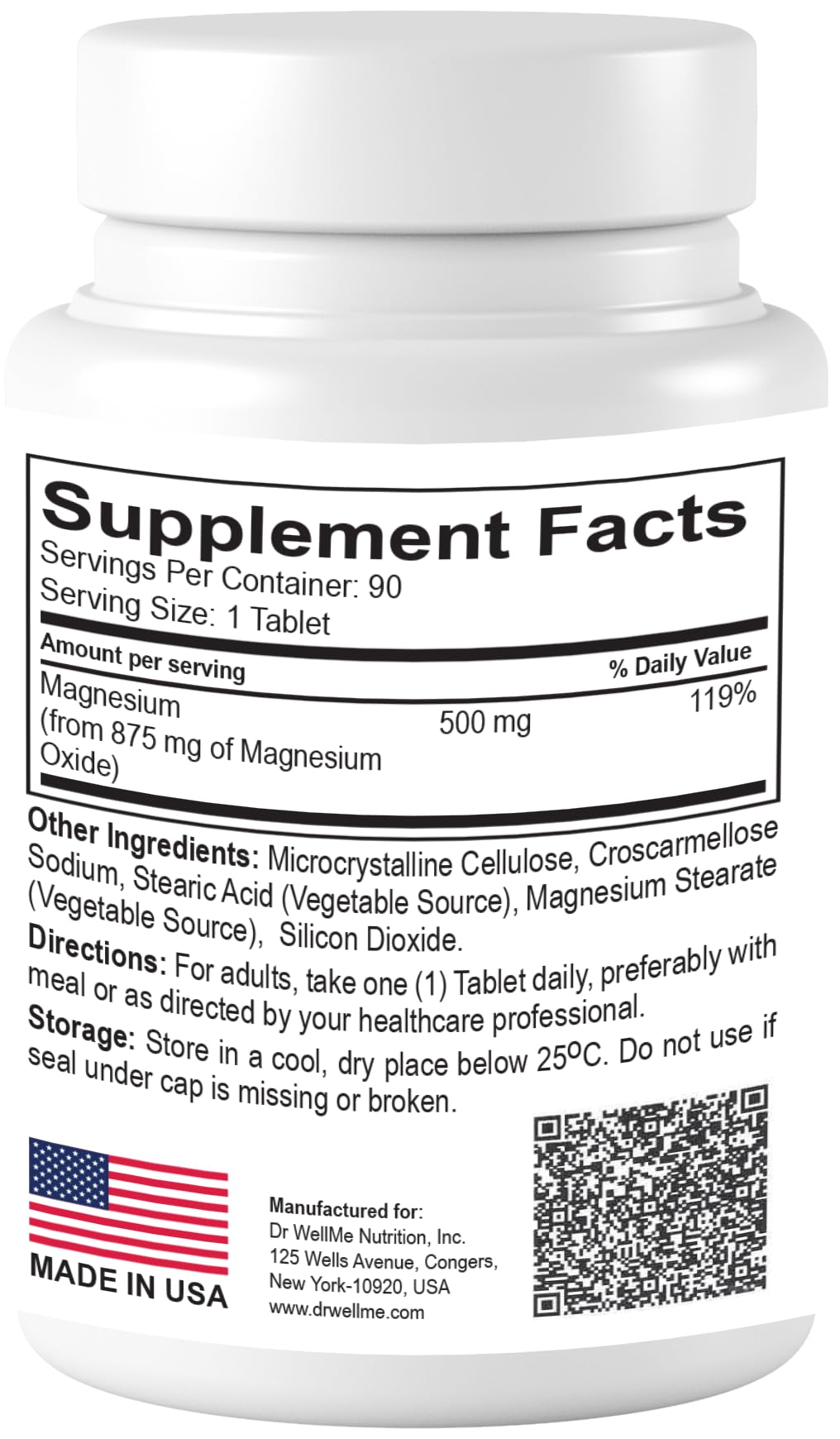 DR WELLME NUTRITION Magnesium Oxide 500mg Tablets, 1 Count