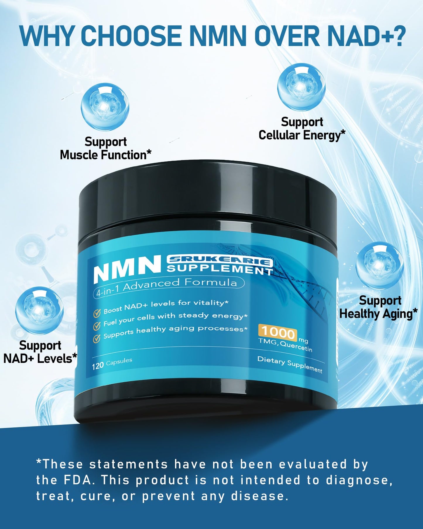 SRUKEARIE NMN Supplement, 4-in-1 Liposomal NMN 1000mg with Resveratrol, TMG & Quercetin – NMNH Alternative & NAD+ Precursor for Men & Women – Supports Cellular Energy & NAD+ Levels, 120 Capsules