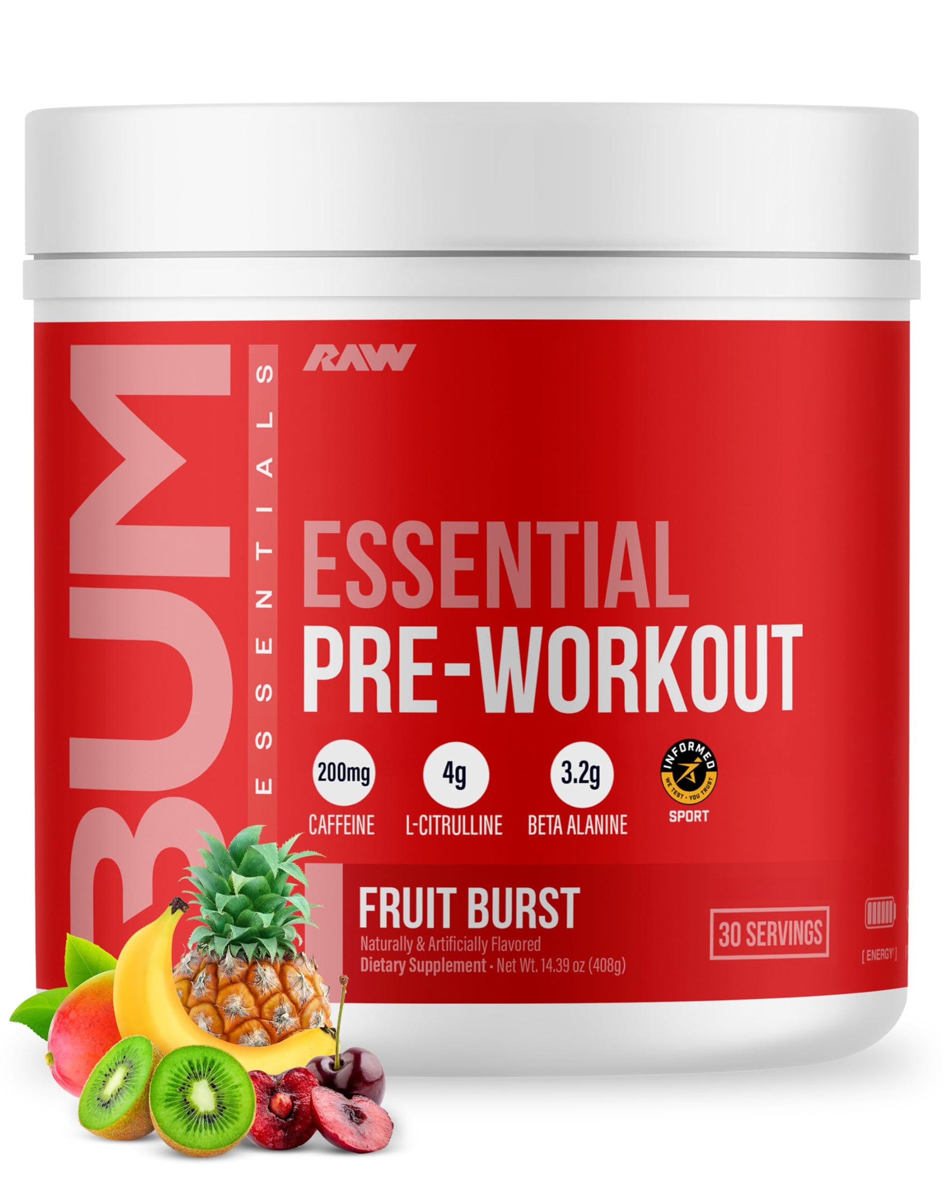 RAW Essential Pre-Workout Powder (Fruit Burst) 14.29 oz