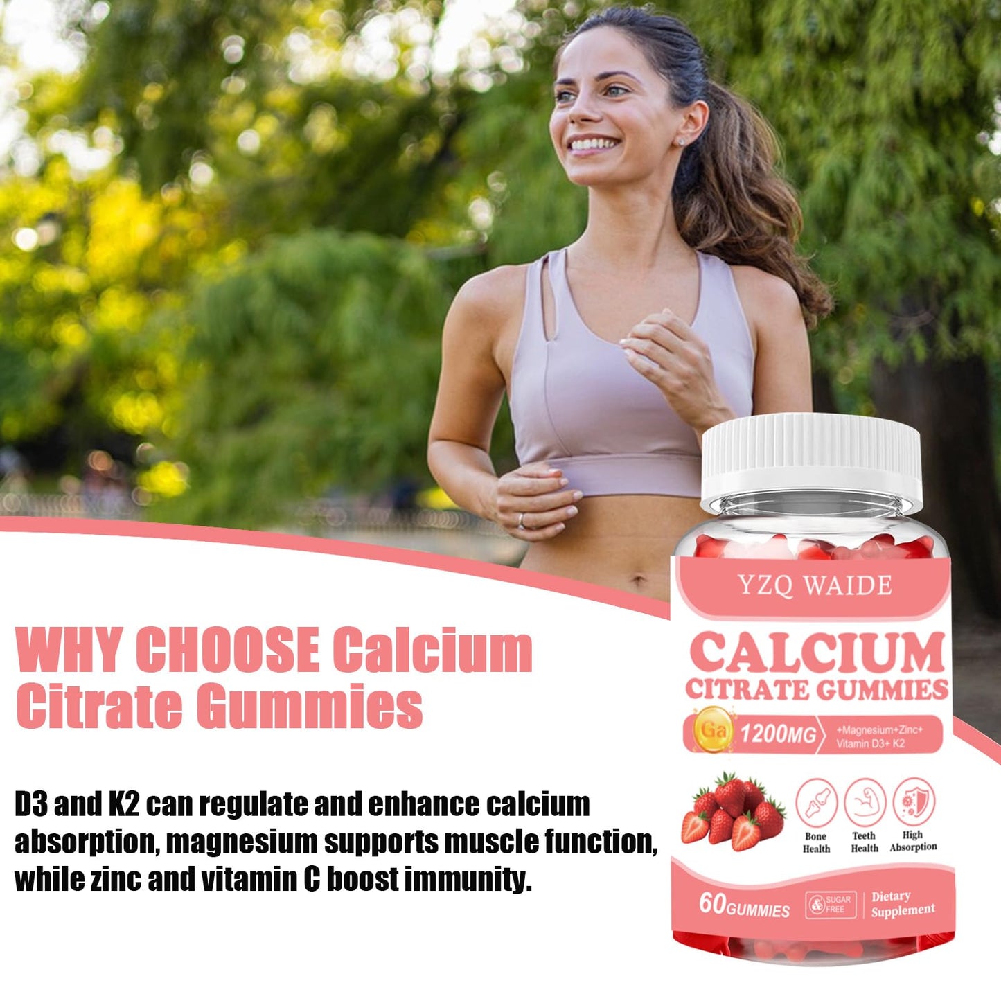 YZQ WAIDE Calcium Citrate Gummies 1200mg with Vitamin D3 + K2, Magnesium, Zinc 60 Count