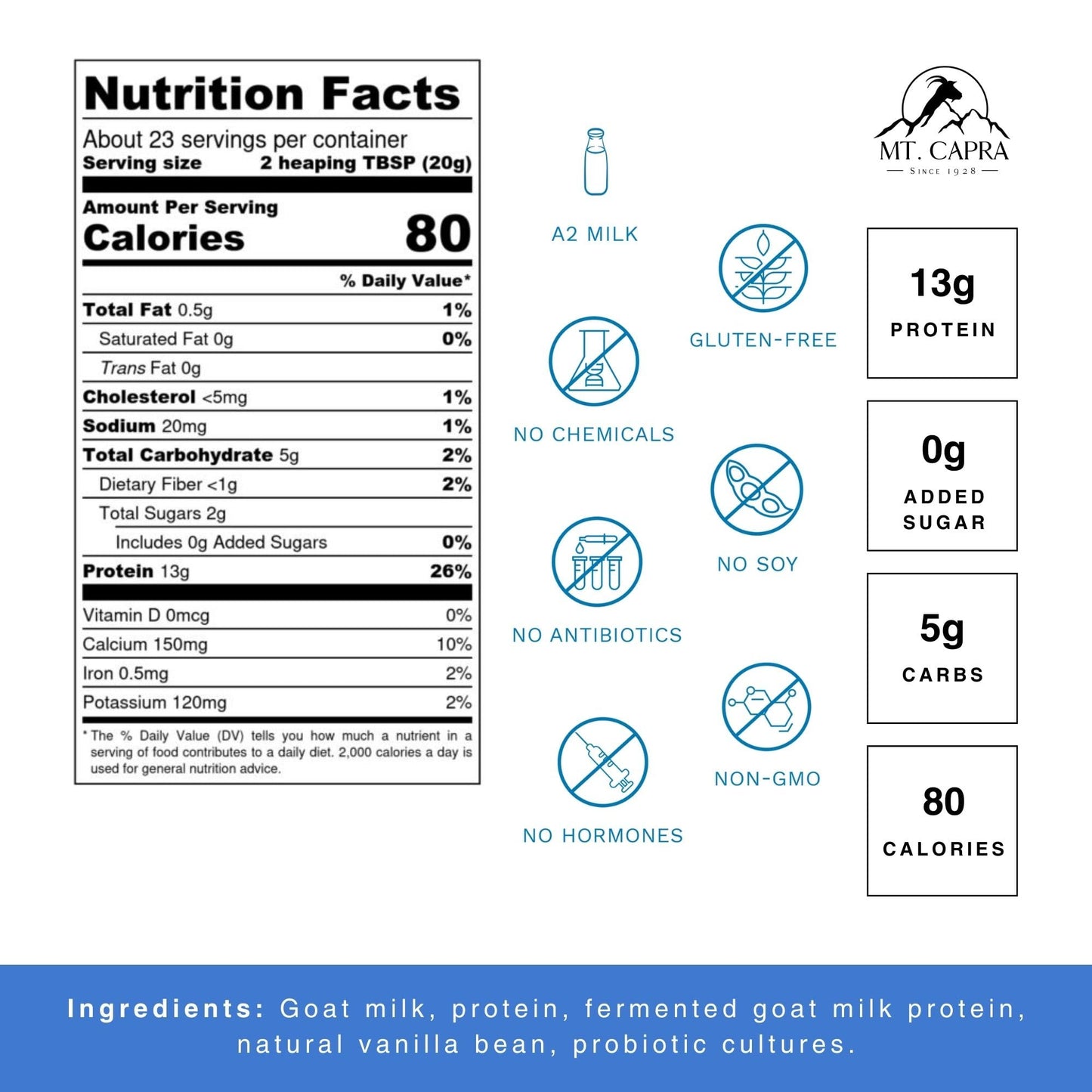 Mt. Capra Clean Whey Protein and Caprotein Powder, 32