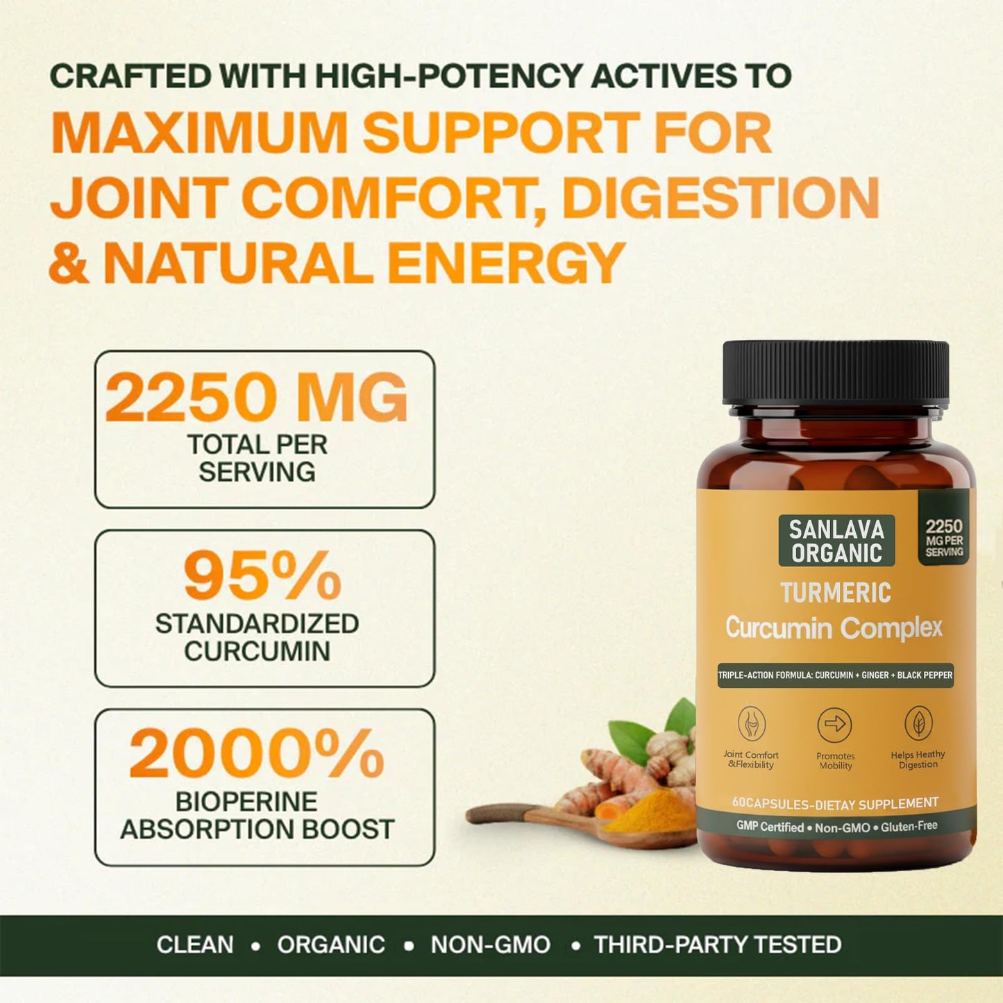 Sanlava Organic Turmeric 3 in 1, Curcumin Ginger Black Pepper, 60 Capsules