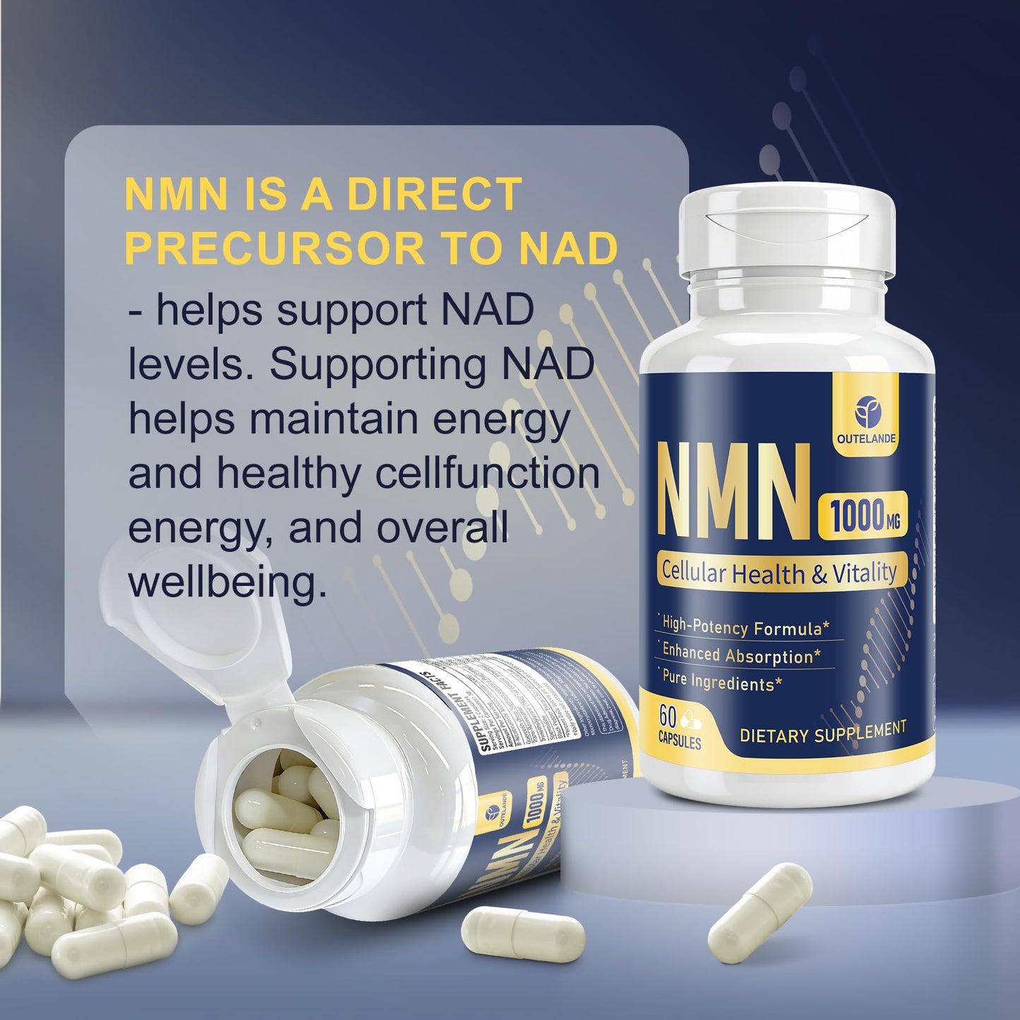 OUTELANDE NMN Supplement (Nicotinamide Mononucleotide) - 6-in-1 NAD Support with Quercetin, TMG, Resveratrol, Spermidine & Black Pepper Extract, Capsules, 60 Count
