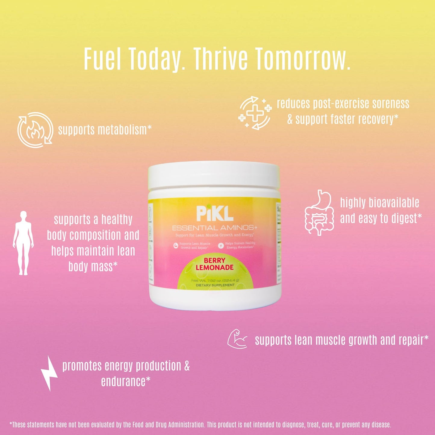 PiKL Nutrition, LLC Essential Aminos BCAA + EAA Powder Berry Lemonade Flavor, 7.95 oz