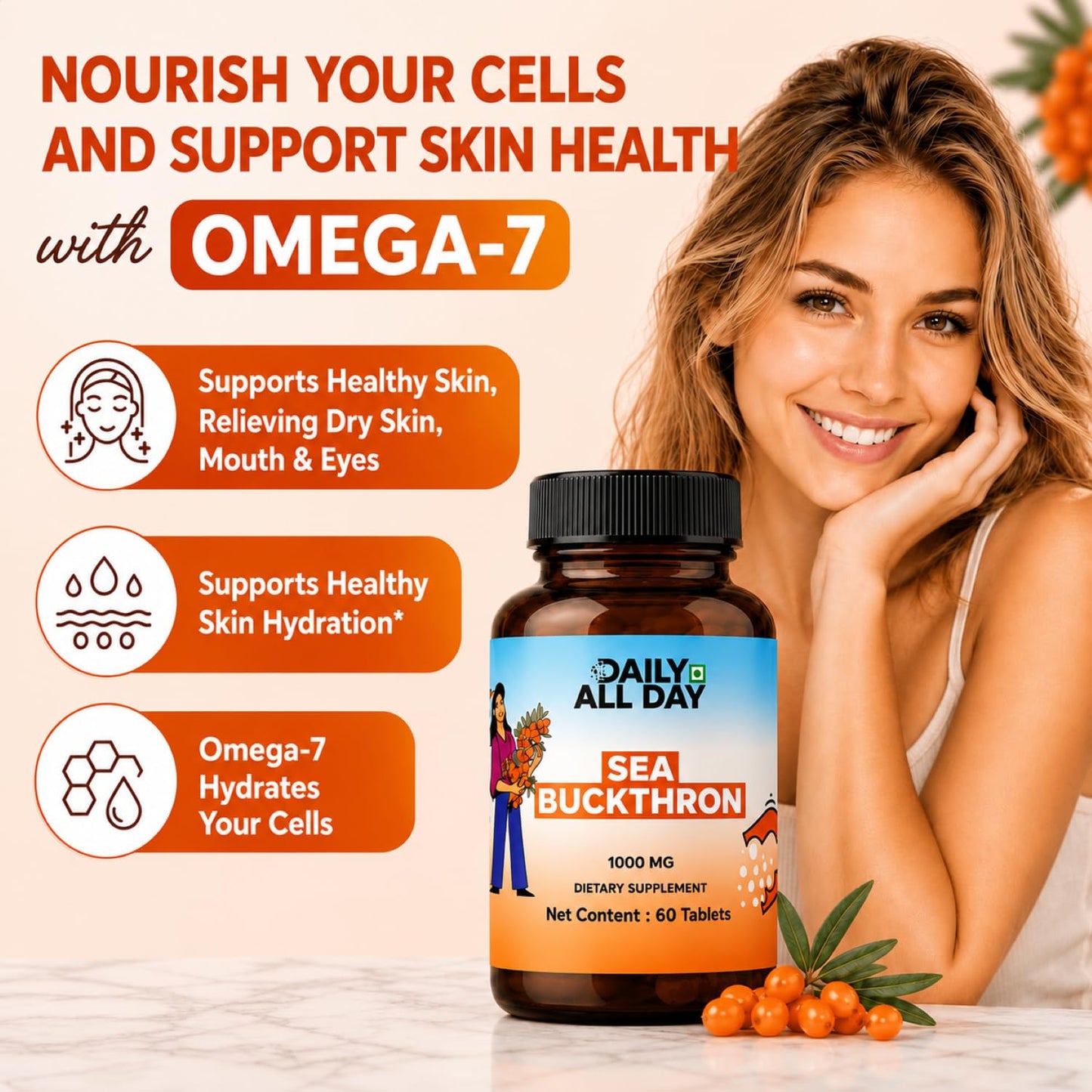 Daily All Day Sea Buckthorn Omega-7 1000mg Vegan Plant-Based Omega 3-6-7-9 & Antioxidants for Skin, Hair & Nails, Berry Extract Superfruit, Non-GMO, 60 Tablets