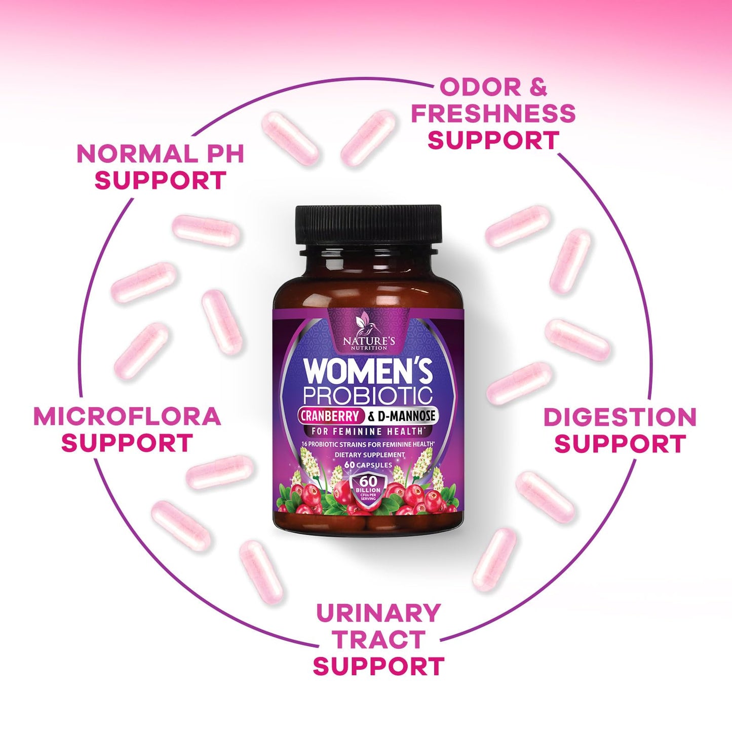 Nature's Nutrition Probiotics 60 Billion CFU Per Serving for Women - 16 Strains, Prebiotics Cranberry & Lactobacillus, PH Balance, Digestive & Immune Support, Women's Probiotic, 60 Capsules