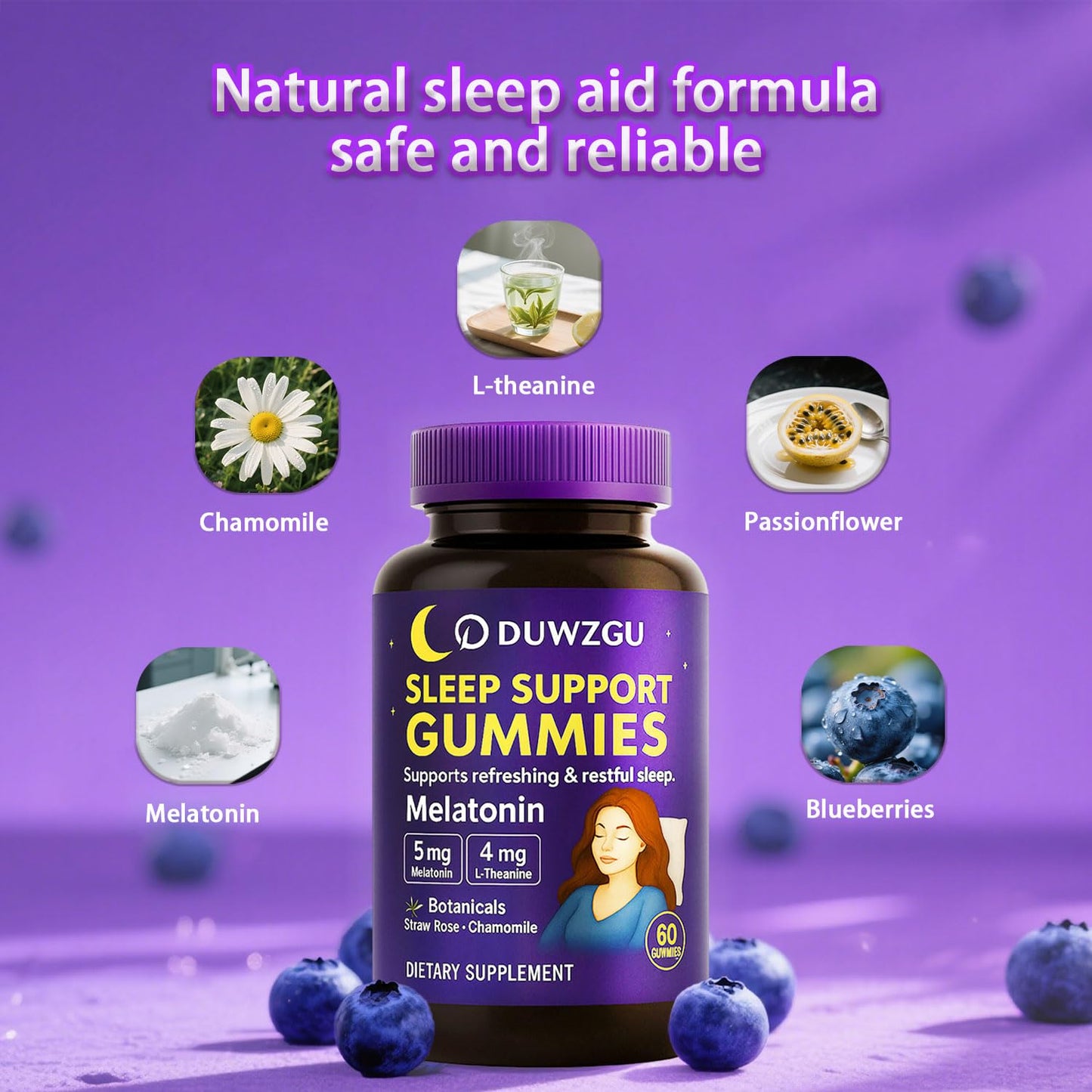 DUWZGU Sleep Gummies for Adults – Melatonin, L-Theanine, Chamomile & Lemon Balm – Berry Flavor – Vegan, Non-GMO – 60 Gummies