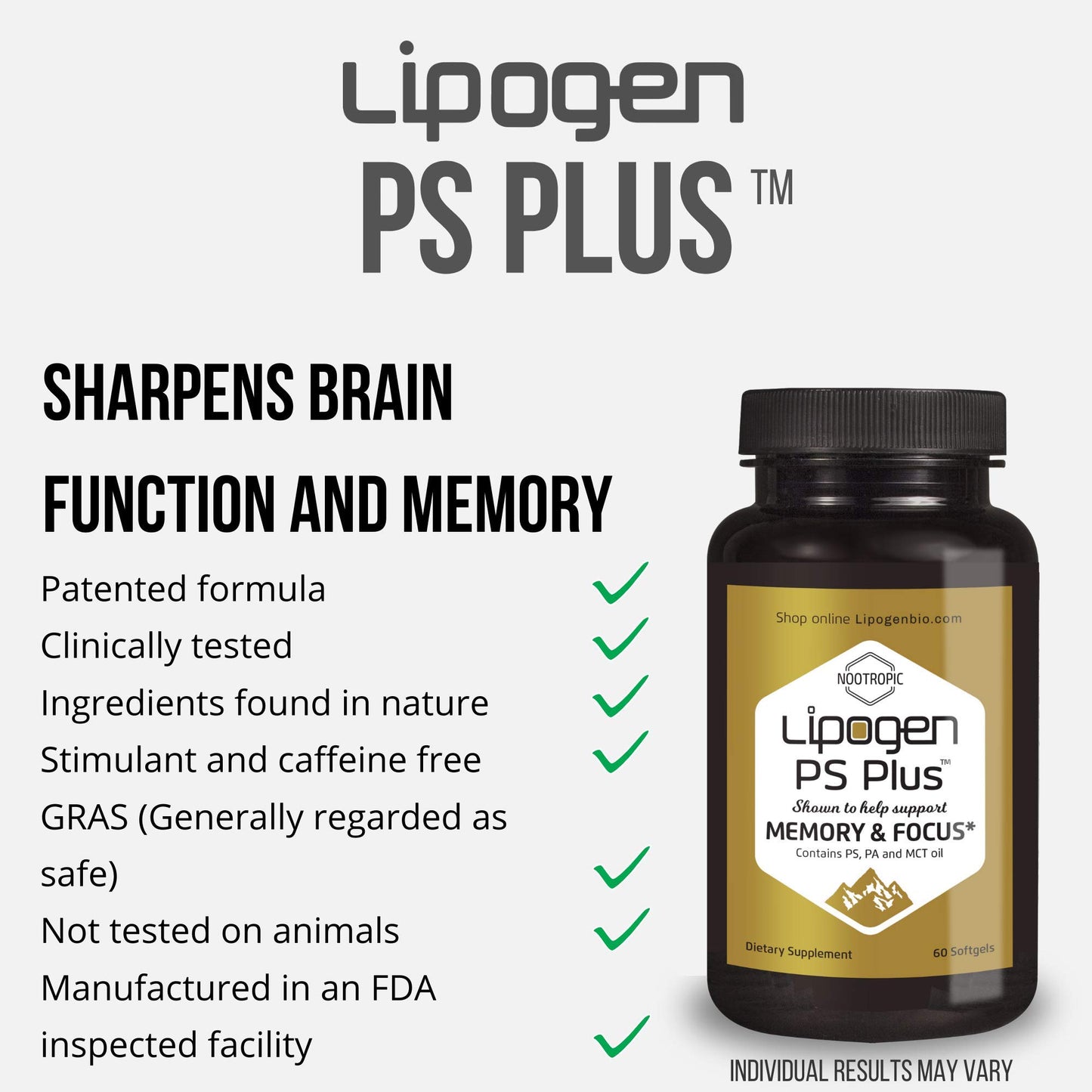 Lipogen PS Plus Senior Brain Supplements for Memory & Focus Softgels, 180 Softgels