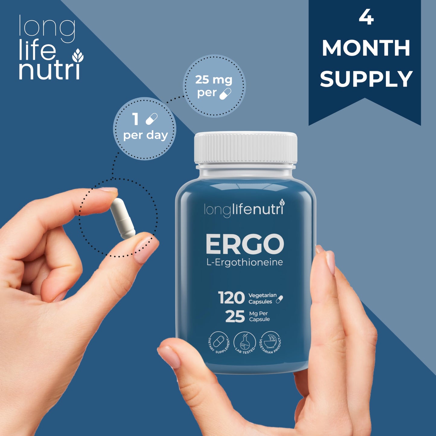 LongLifeNutri L-Ergothioneine 25mg Capsules, 120 Count
