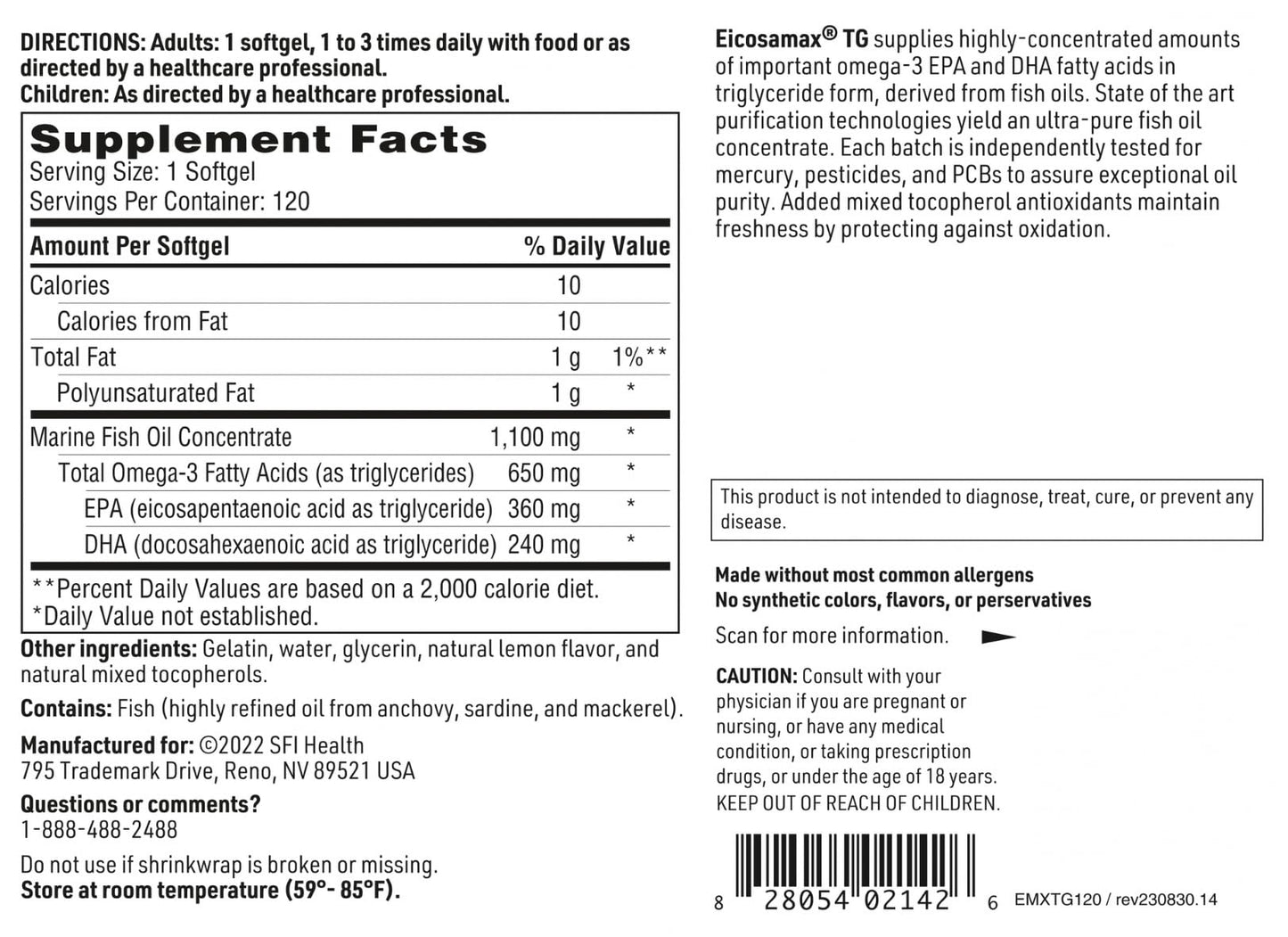 SFI Health Eicosamax TG Fish Oil Softgels, 120 count