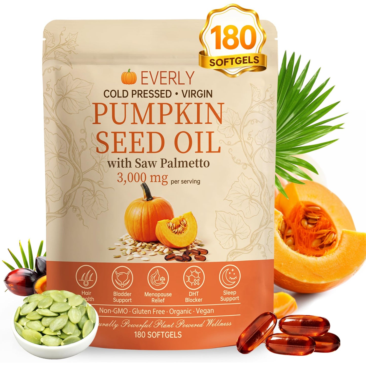 Everly Pumpkin Seed Oil Softgel Daily Wellness with Saw Palmetto, 180 Softgels