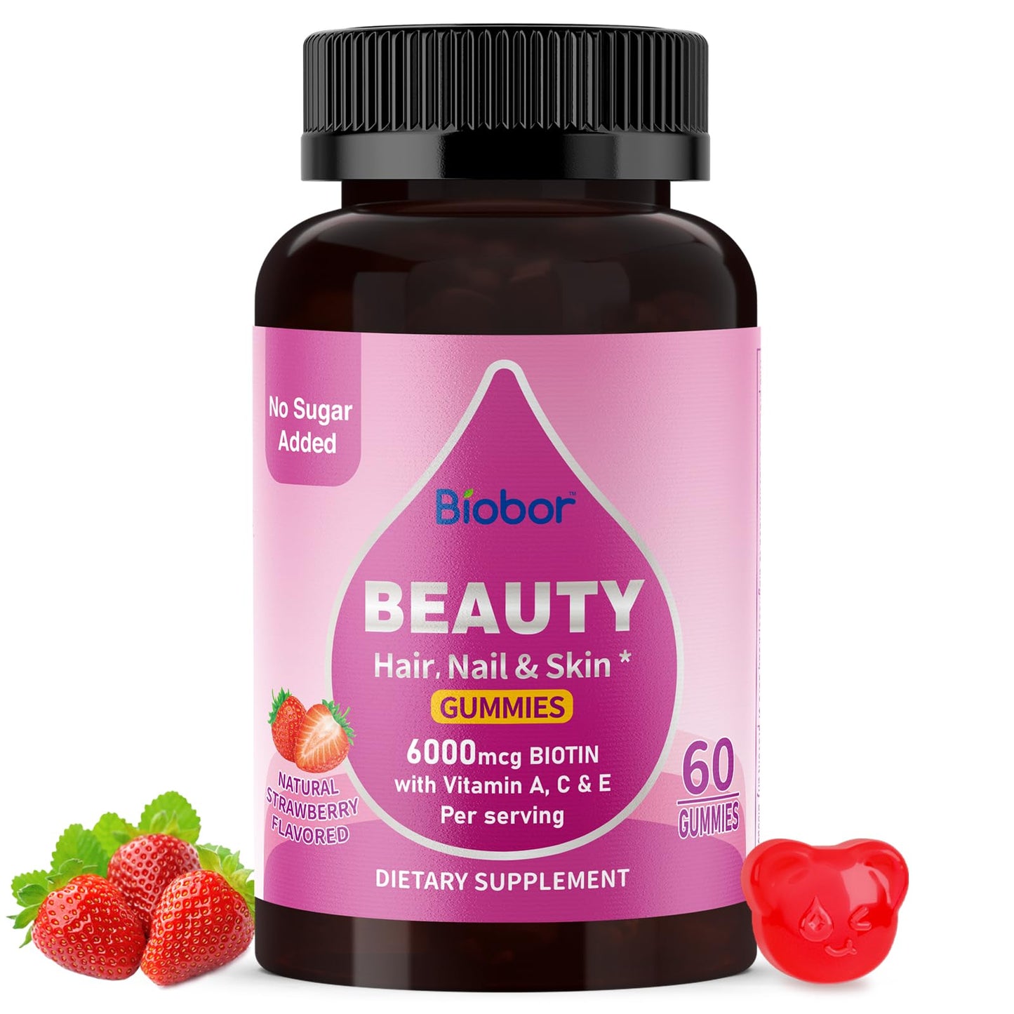 Biobor Biotin Gummies, 6000mcg, No Sugar Added, 60 Gummies