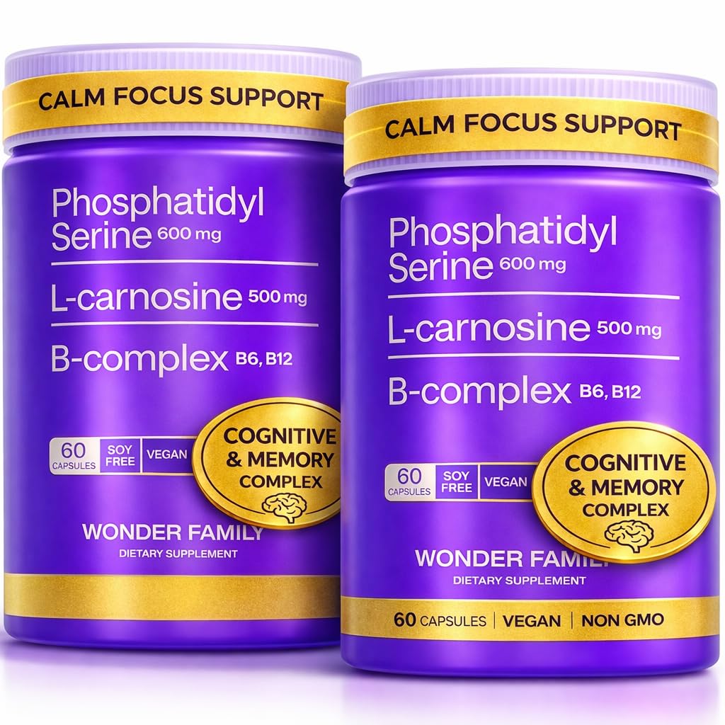 WONDER FAMILY Phosphatidylserine 600 mg Brain Supplement for Memory and Focus – Calm Focus & Advanced Brain Support with L-Carnosine 500 mg + B6 B12 Folate – Sunflower Soy Free, 60 Capsules