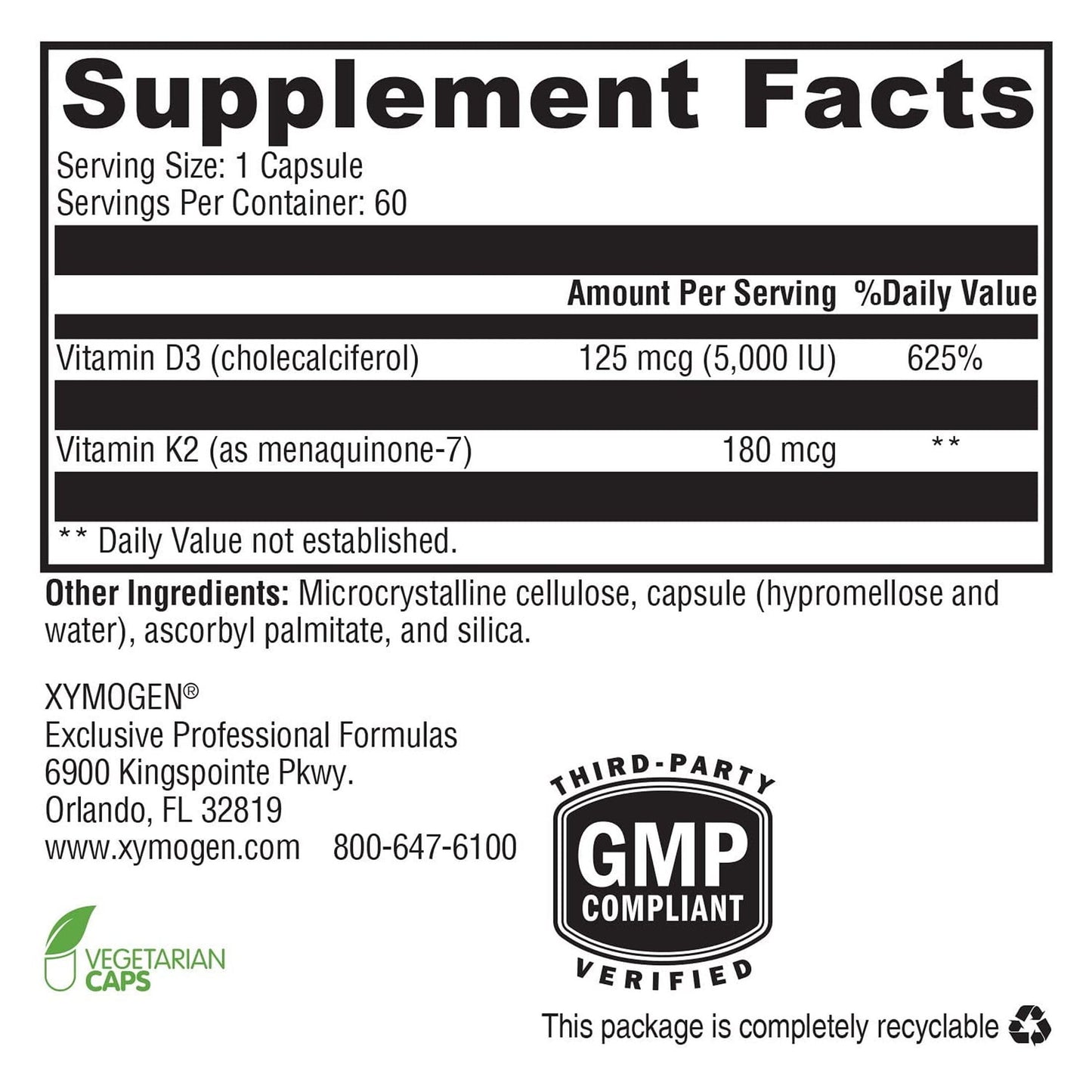 XYMOGEN K2-D3 Max Vitamin D3 K2 Supplement Capsules, 60 Count