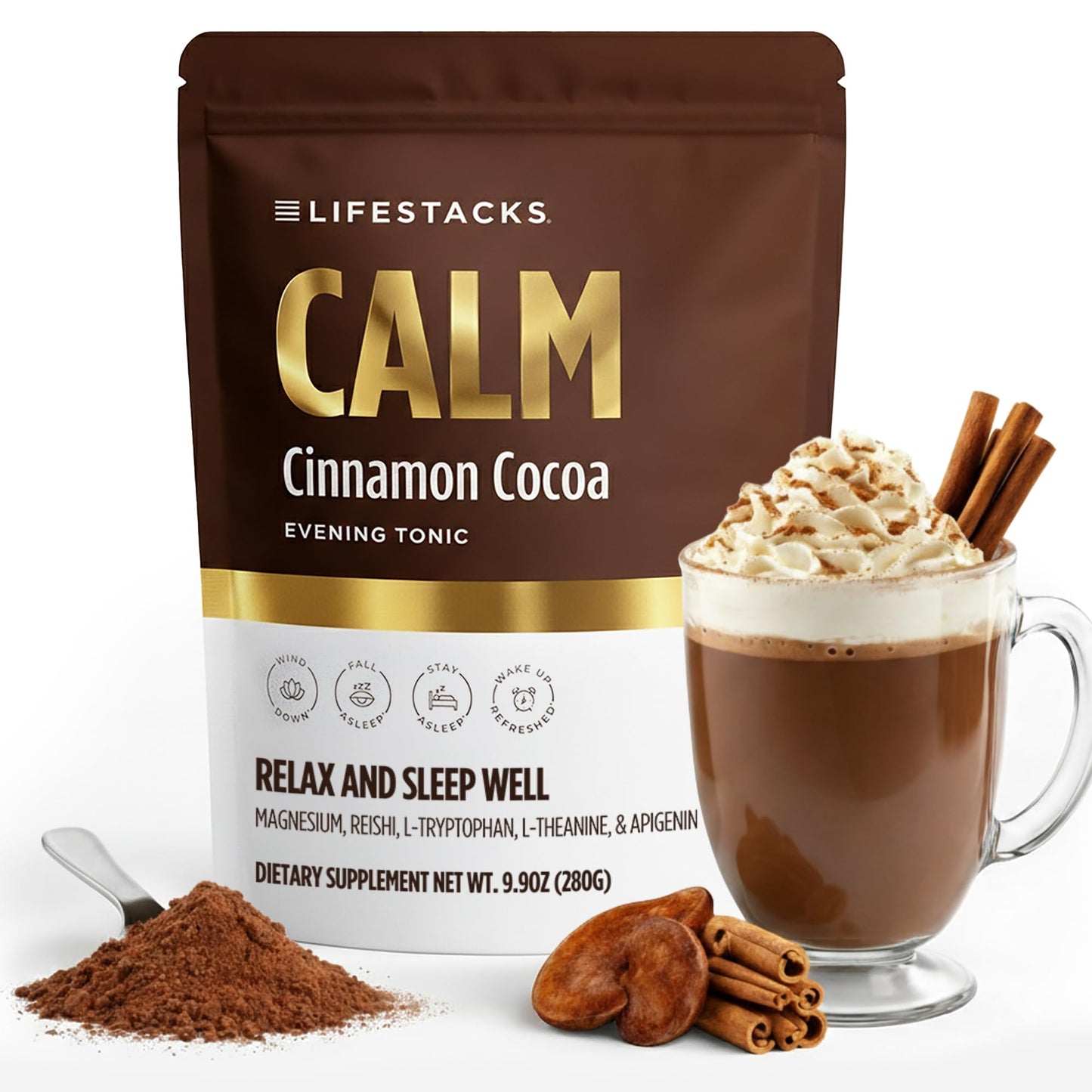 LIFESTACKS Calm Magnesium Hot Cocoa Sleep Aid Powder 9.9 Ounce