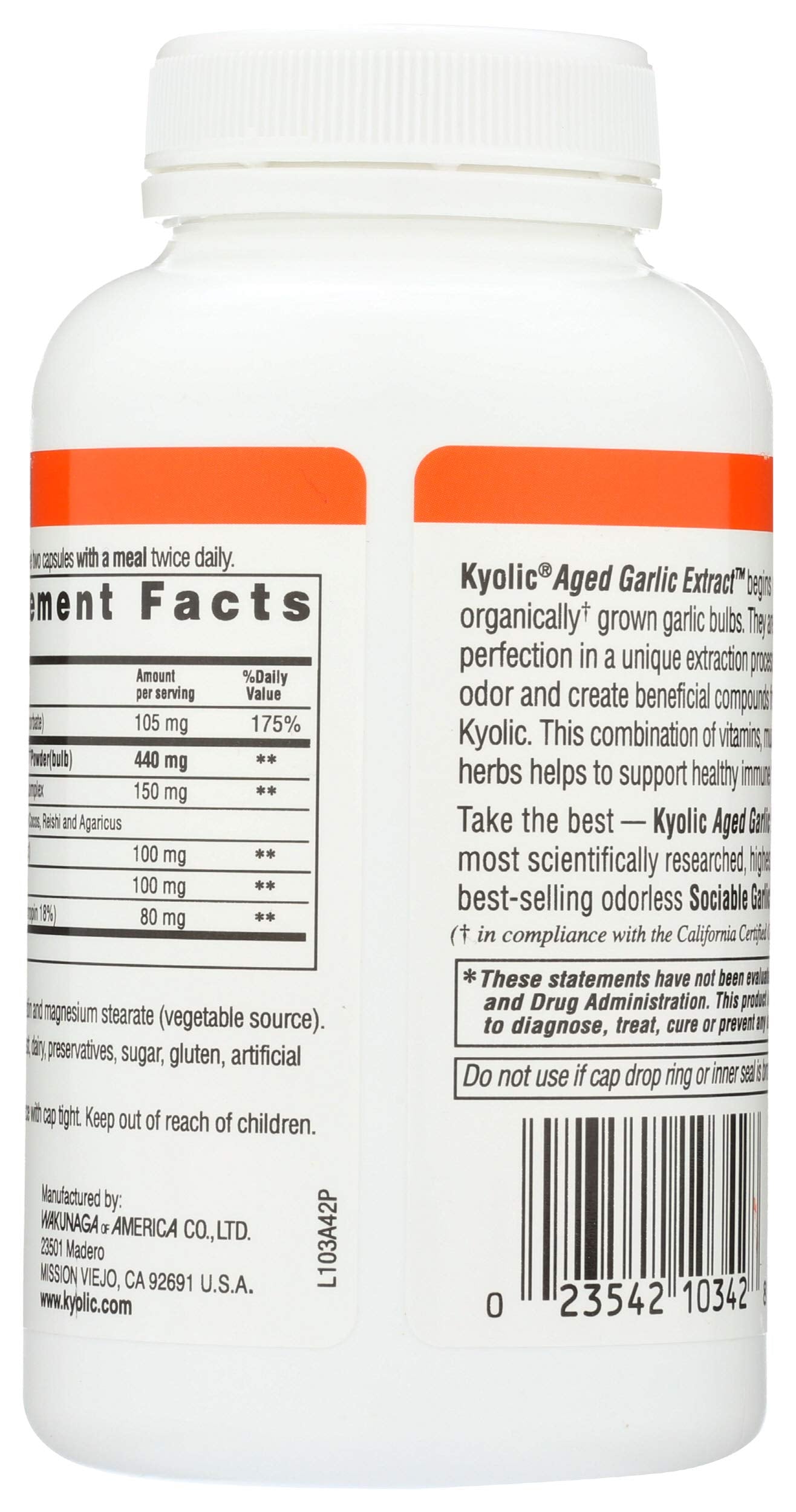 Kyolic Garlic with Calcium and Vitamins Capsules, 200 Count