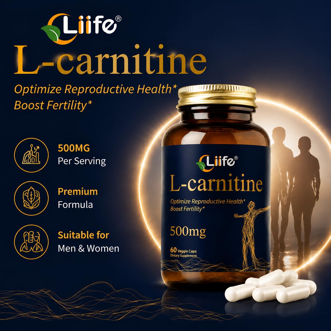 LIIFE L-Carnitine with Folic Acid (Vitamin B9) and Vitamin C, 500 mg Capsules, 60 Count