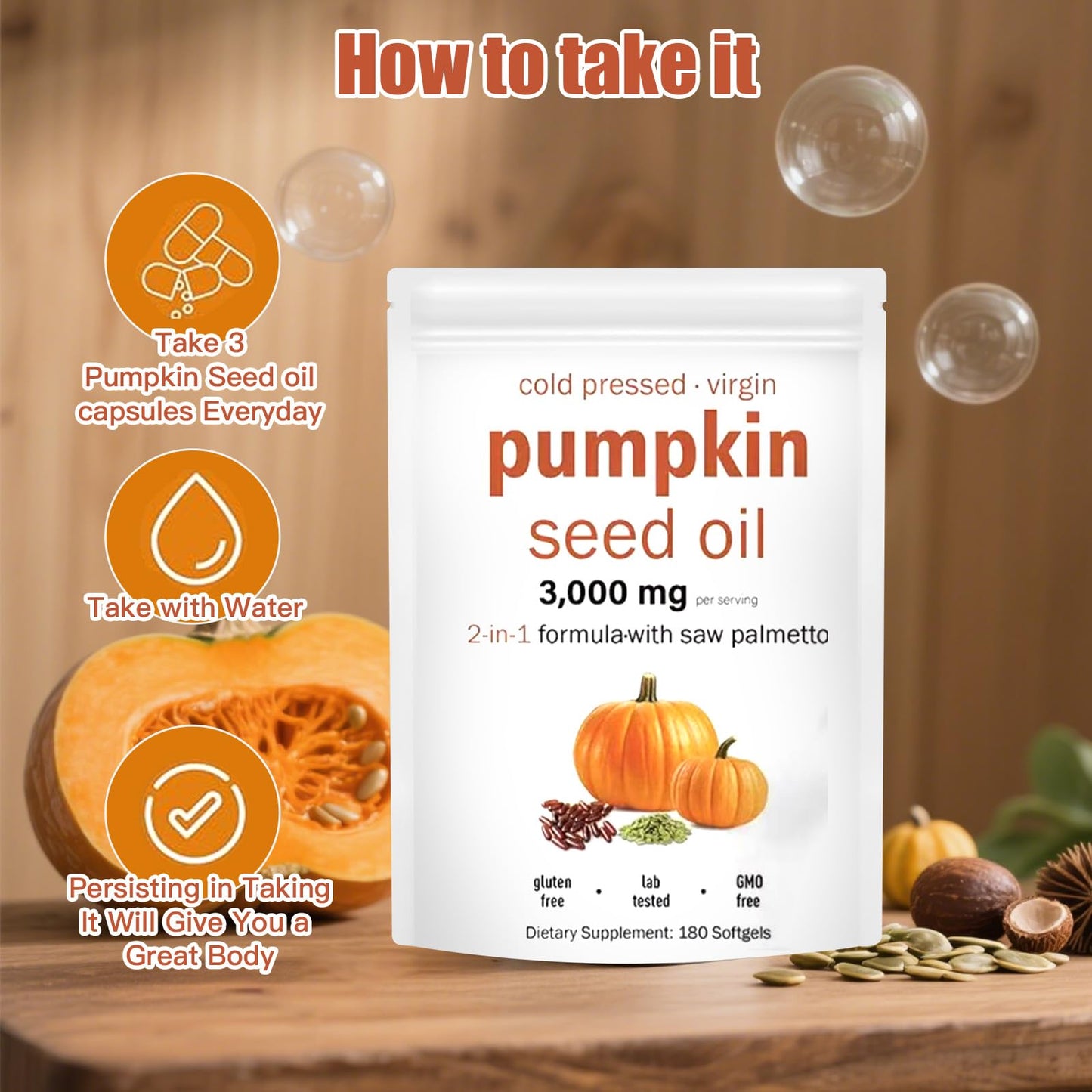 YATIME Pumpkin Seed Oil 2 in 1 with Saw Palmetto Softgels, 180 Softgels