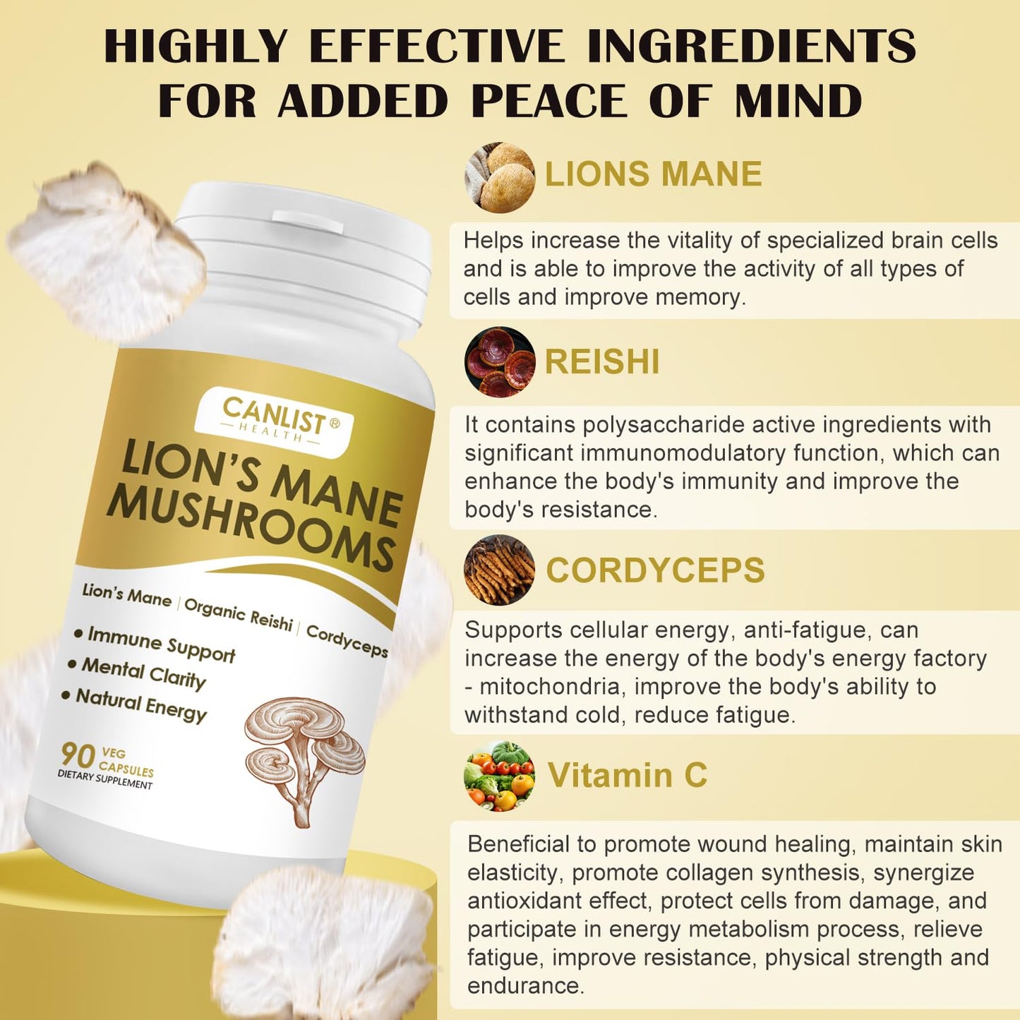 CANLIST Organic Mushroom Complex with Lion's Mane, Cordyceps, Reishi, 90 Capsules