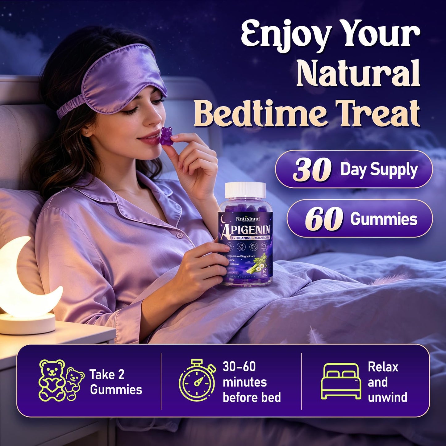 NATISLAND Apigenin Supplement for Sleep Gummy 60 Count