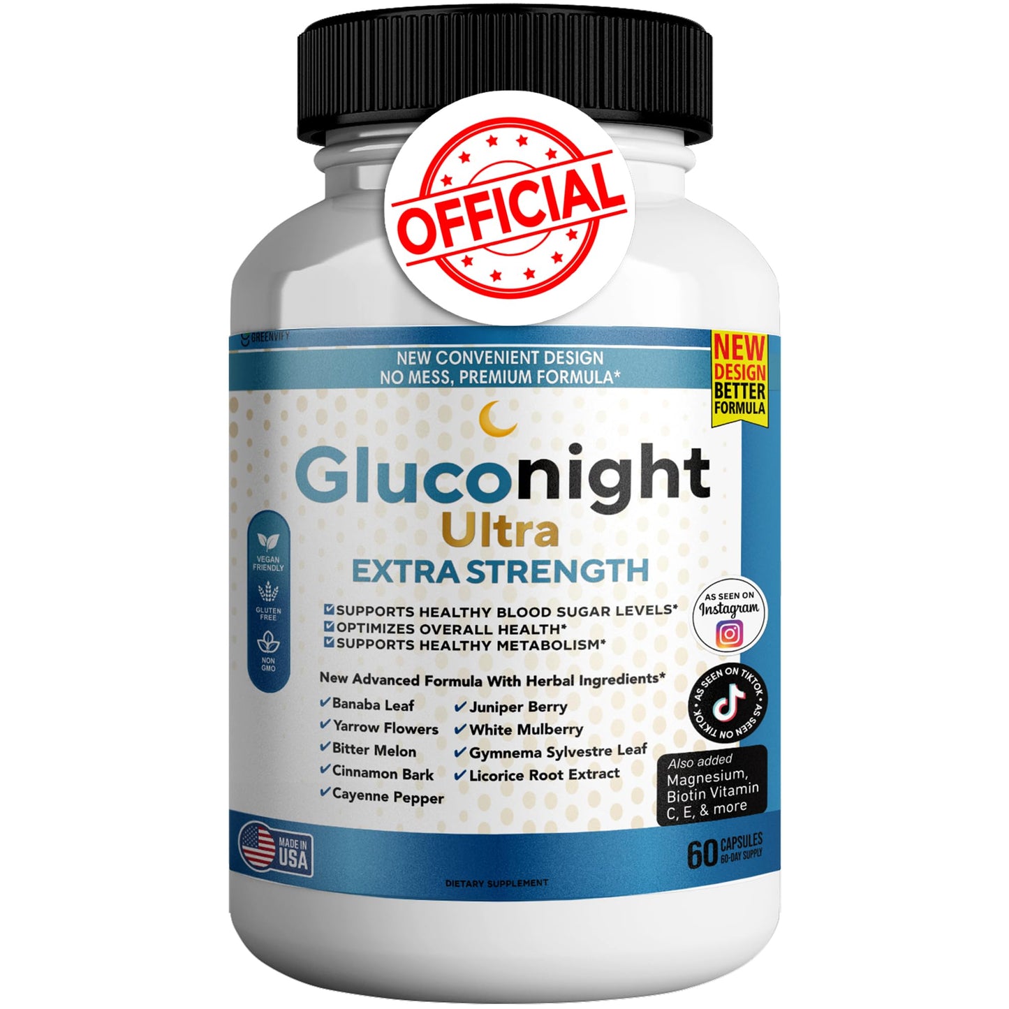 GREENVIFY Gluconight Ultra Extra Strength - Herbal Blood Sugar Support Supplement, Advanced Formula with Banaba, Bitter Melon, Cinnamon, Juniper Berry, 60 Vegan Capsules