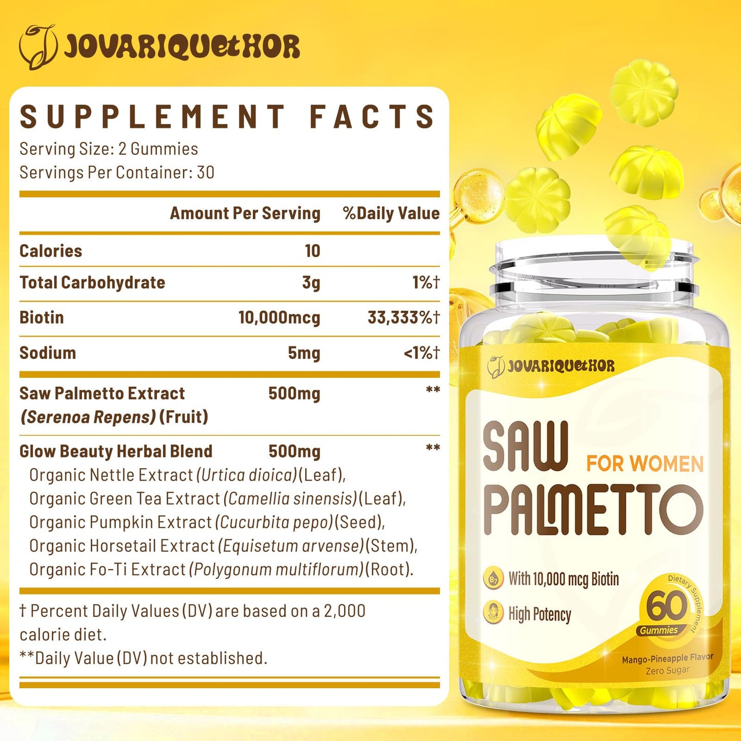 Jovariquethor Saw Palmetto for Women DHT Blocker Hair Growth Supplement 500mg Potent Saw Palmetto Gummies Mango-Pineapple Flavor 120 Gummies