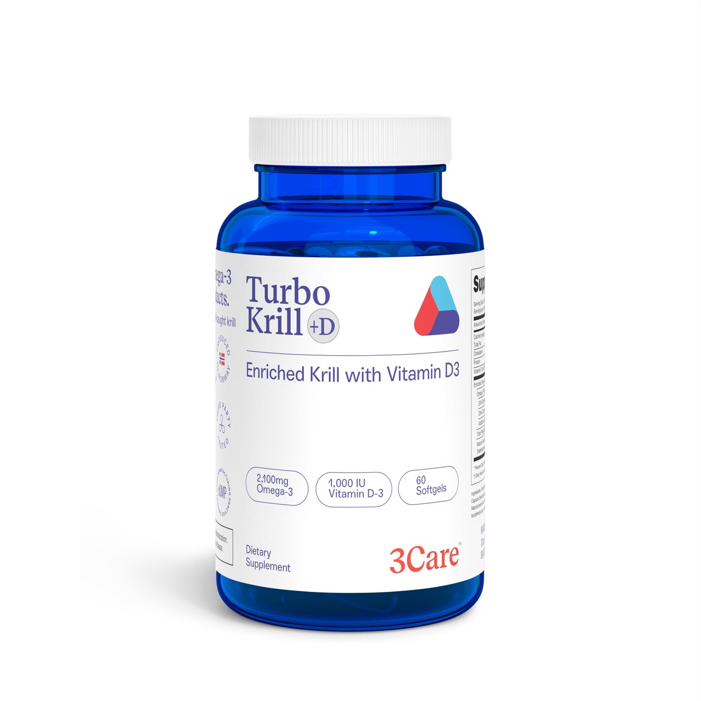 3Care Turbo Krill 2100mg High Concentrate Krill Oil Plus 600 IU Vitamin D Omega-3 Softgels, 60 Count