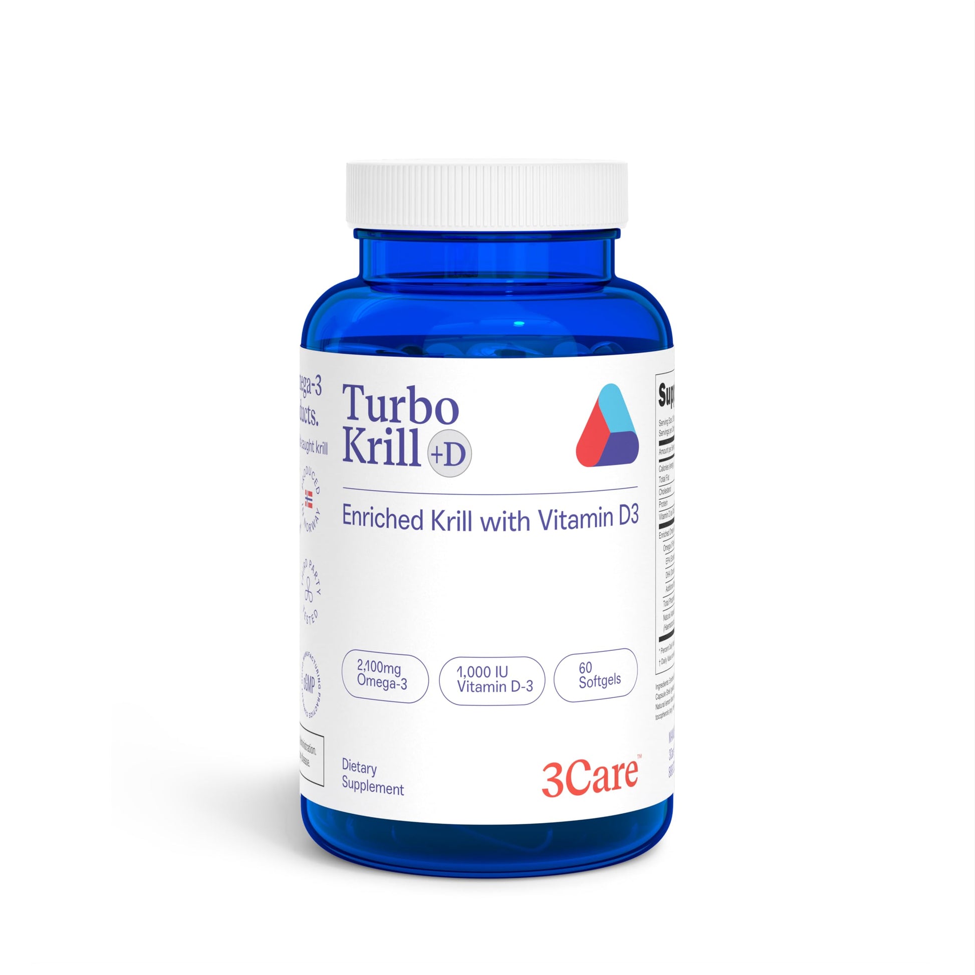 3Care Turbo Krill 2100mg High Concentrate Krill Oil Plus 600 IU Vitamin D Omega-3 Softgels, 60 Count