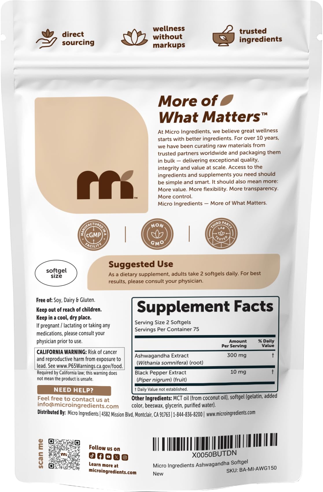 Micro Ingredients Ashwagandha Softgels 150 Count