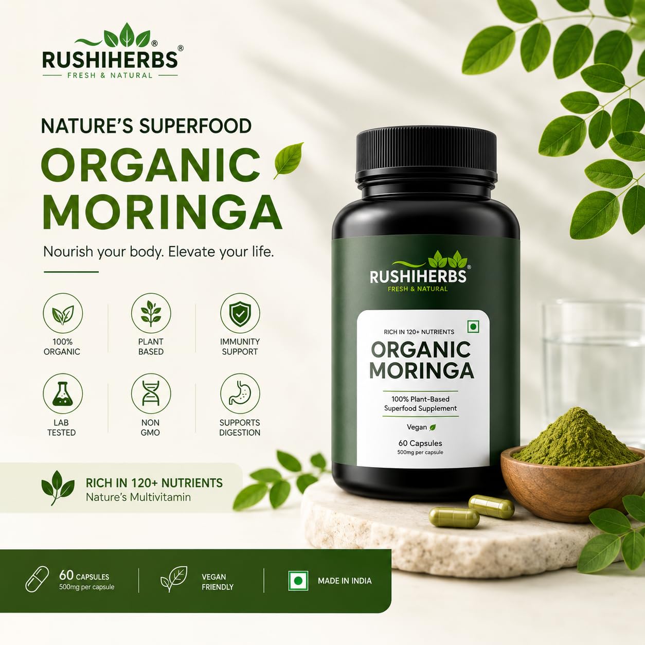 RUSHIHERBS Moringa Leaf Powder Capsules 1 Count
