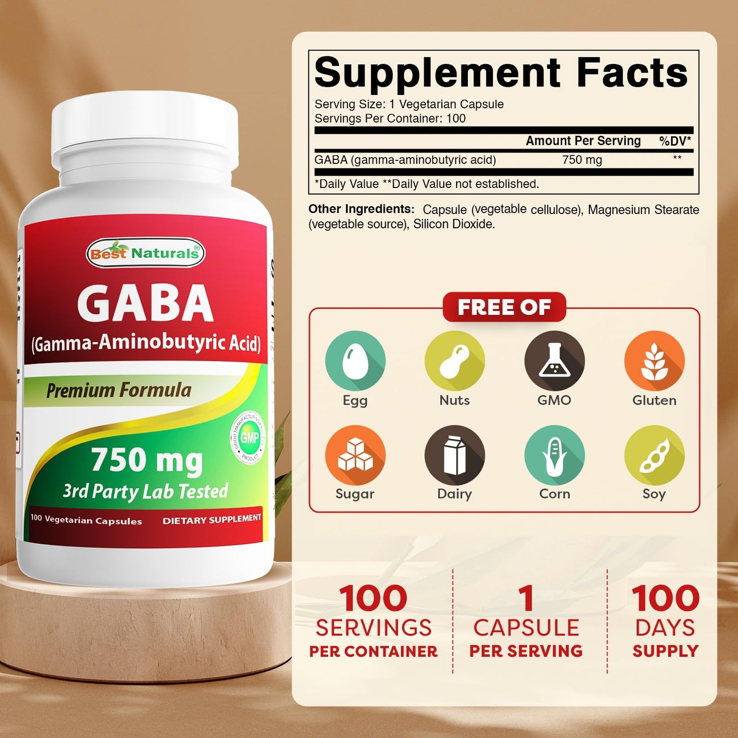 Best Naturals GABA 750 mg Capsule, 100 Count