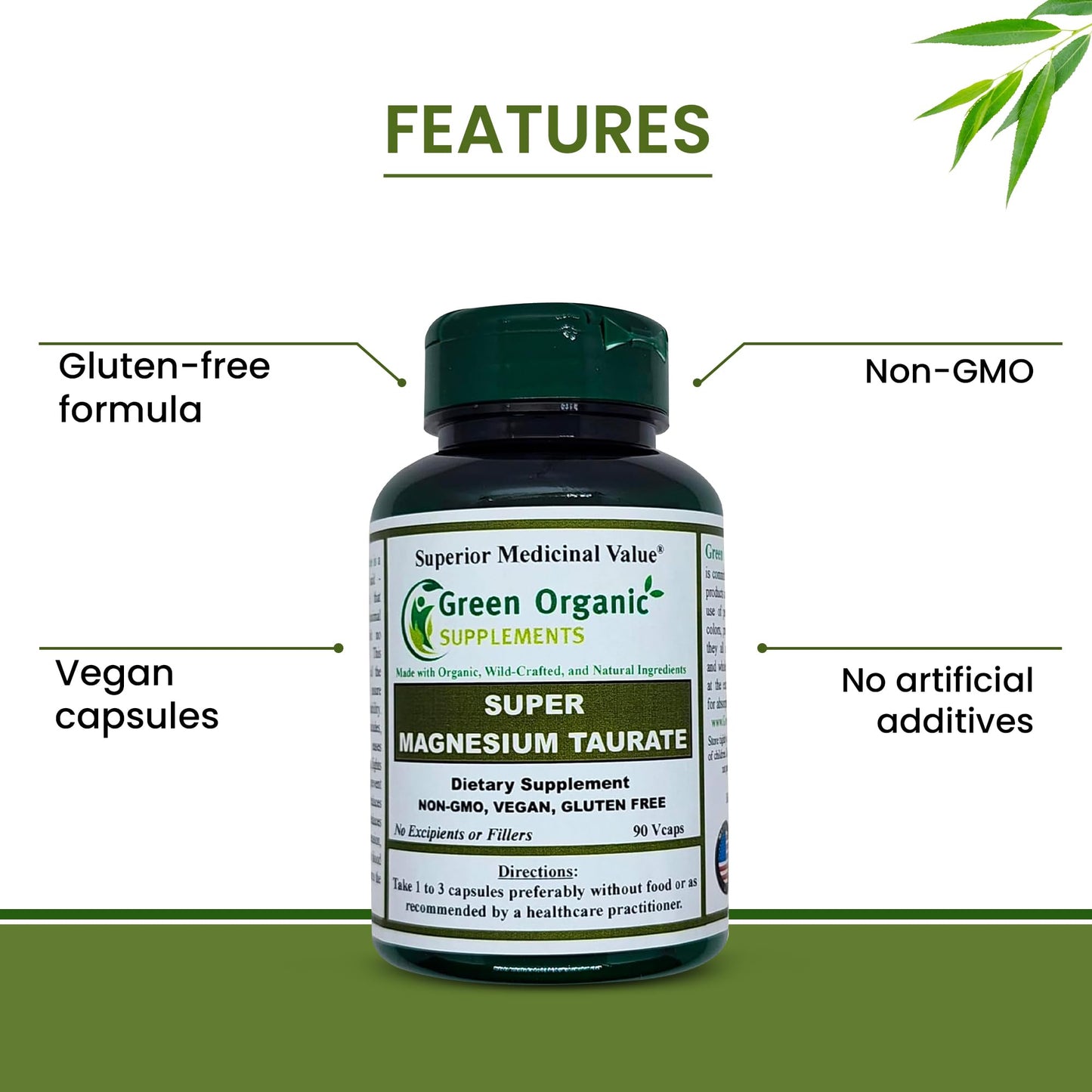 Green Organic Supplements Magnesium Taurate High Absorbable 90 Capsules