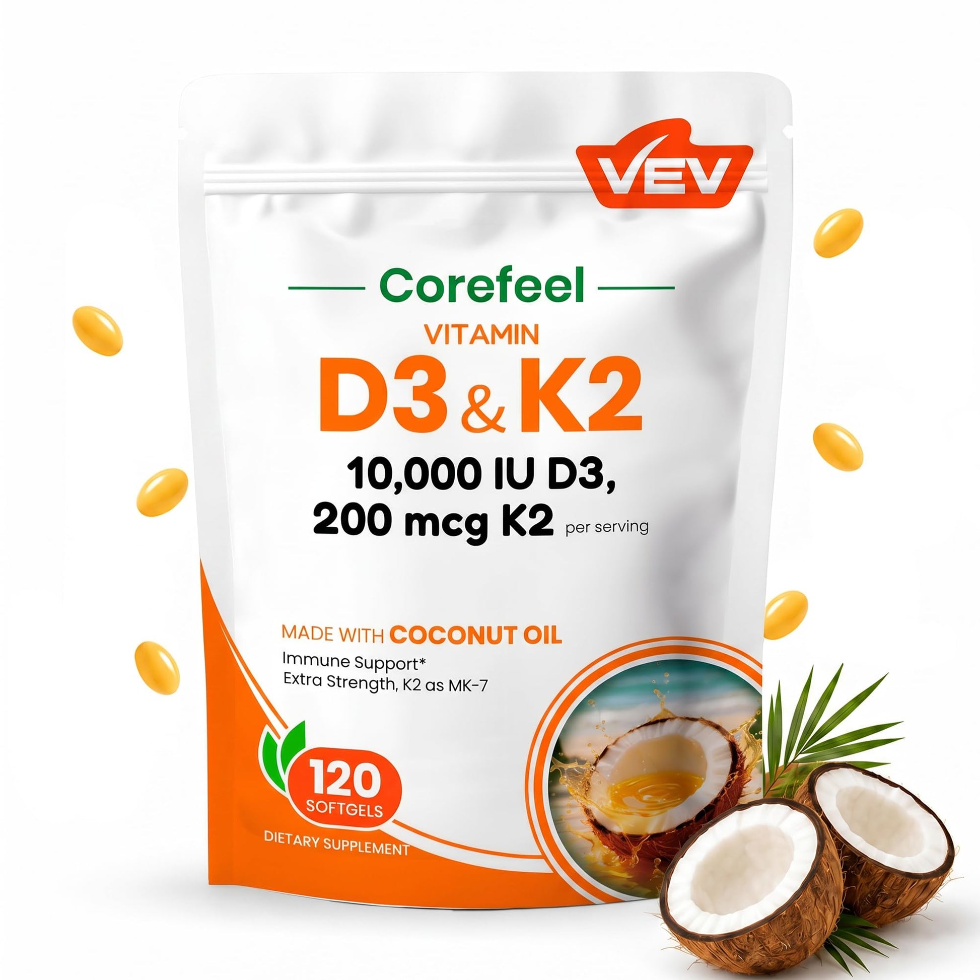 VEV Corefeel Vitamin D3 K2 10,000 IU, 200 mcg K2 Coconut Oil Softgels, 120 Count