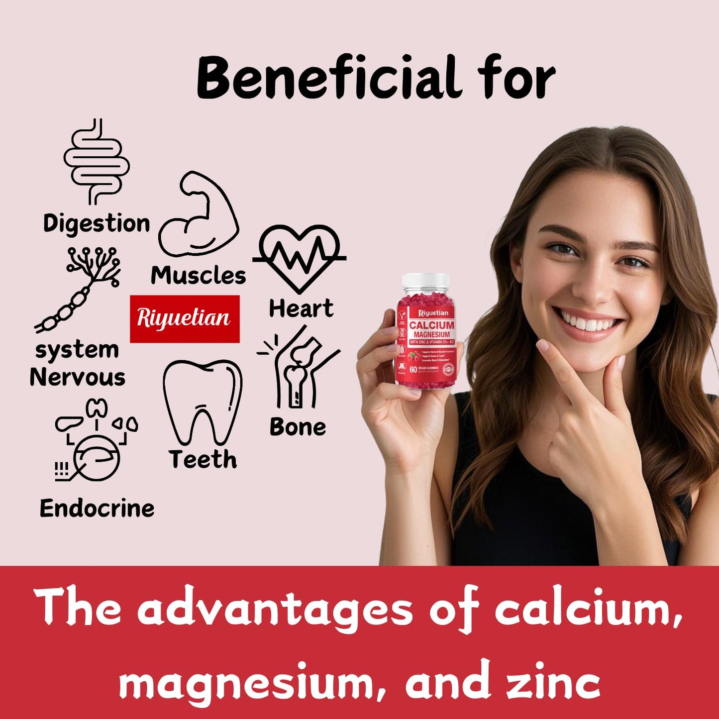 Riyuetian Calcium Gummies + Magnesium & Zinc with Vitamin D3 & K2, High Absorption Calcium Supplement for Bone, Teeth & Immune Support, Non GMO, Vegan, Gummy, 60 Count