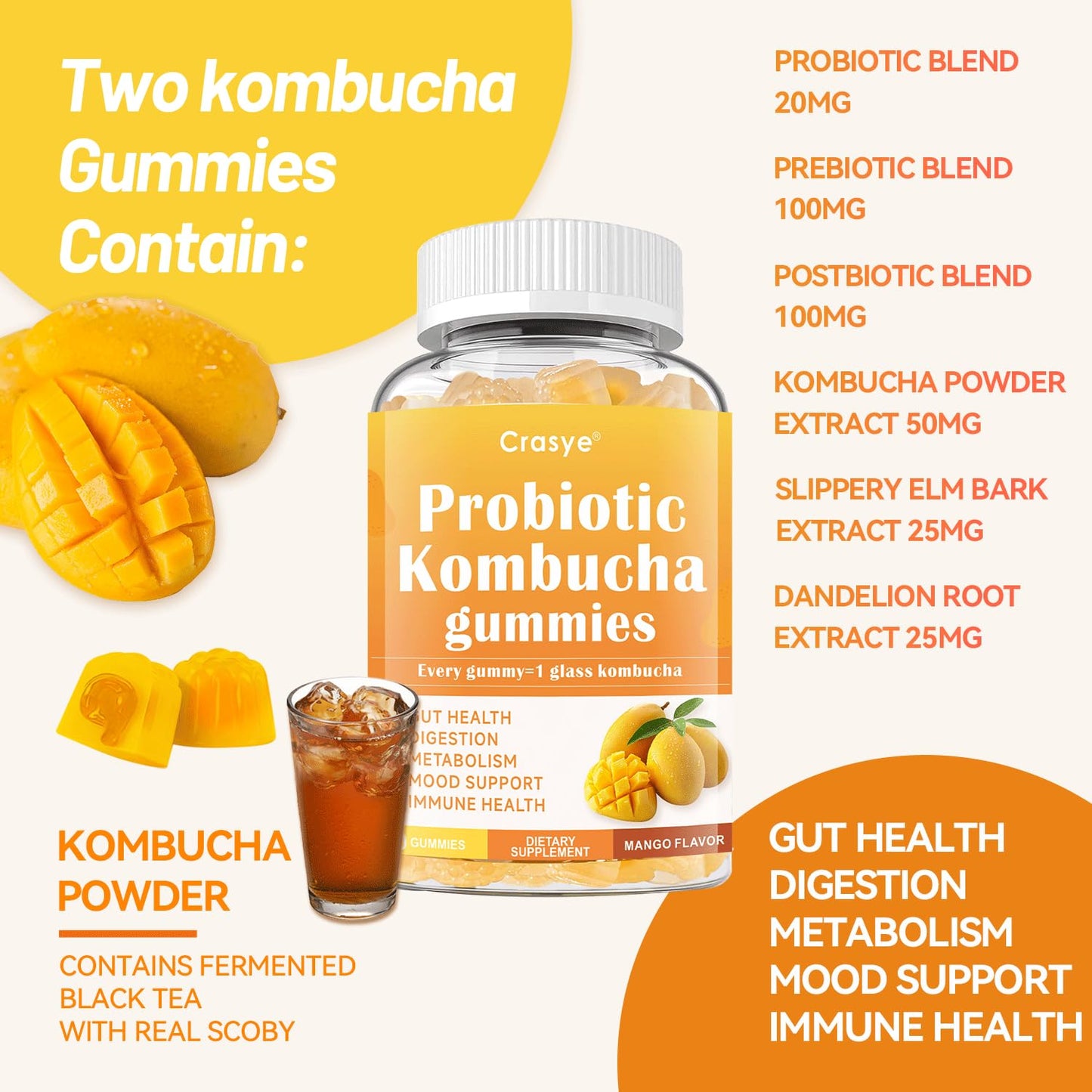 Crasye Probiotic Kombucha Gummies Sugar Free Prebiotic Postbiotic Probiotics with Slippery Elm for Women and Men, Gut Health & Immune Support, 60 Gummies